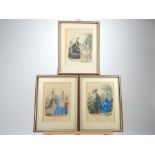 A set of three, antique, hand tinted, French fashion prints entitled 'La Mode Illustree'