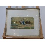A hand coloured print of a 19th century riders during a hunt; sight size 16cm x 32cm.
