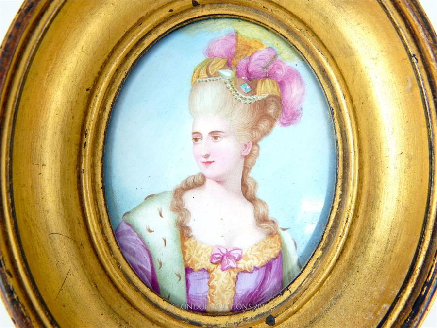 An 18th/19th century oval miniature portrait of a lady on tin and another - Image 3 of 3