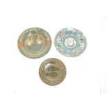 Three, circular, pottery chargers