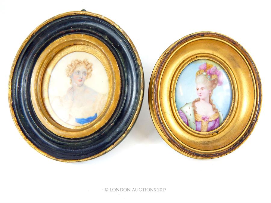 An 18th/19th century oval miniature portrait of a lady on tin and another