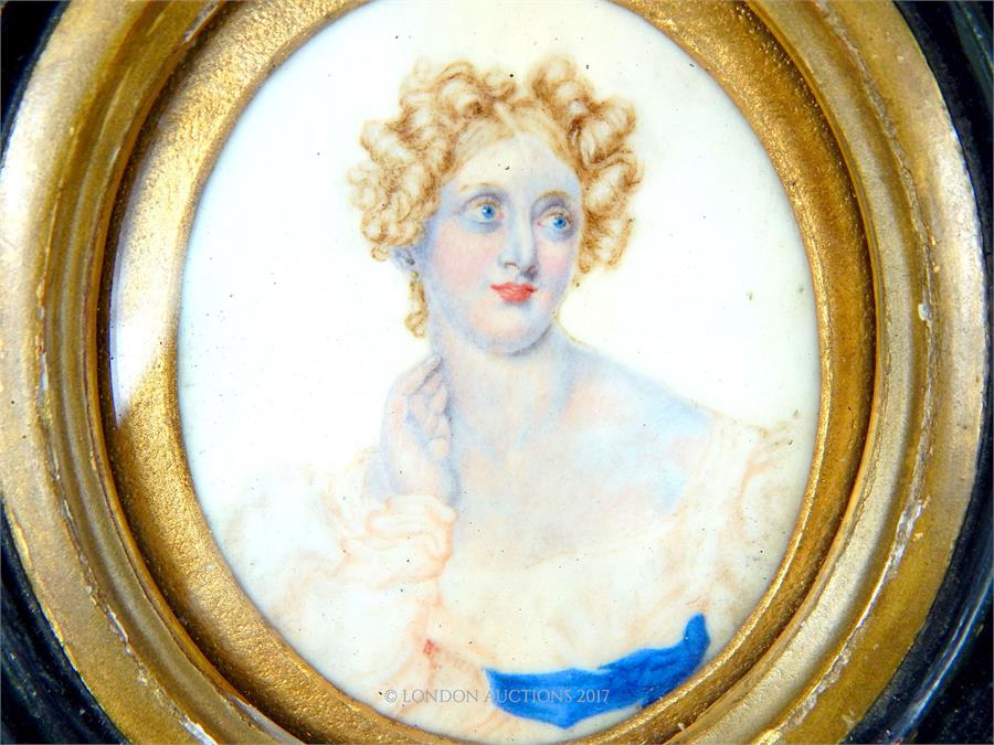 An 18th/19th century oval miniature portrait of a lady on tin and another - Image 2 of 3