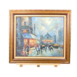 A framed oil on canvas of a continental, winter, street scene