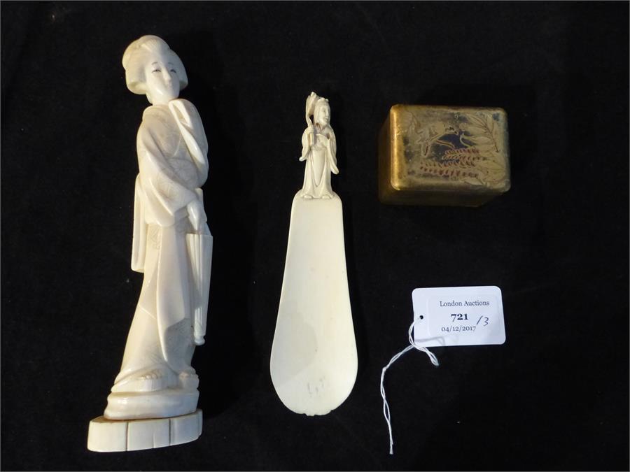 A Japanese carved ivory figure of a geisha and other items