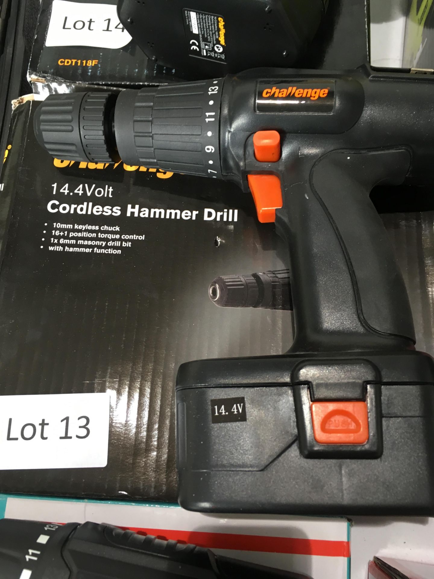 Challenge 14.4 volt cordless hammer drill complete with battery and charger. Working customer