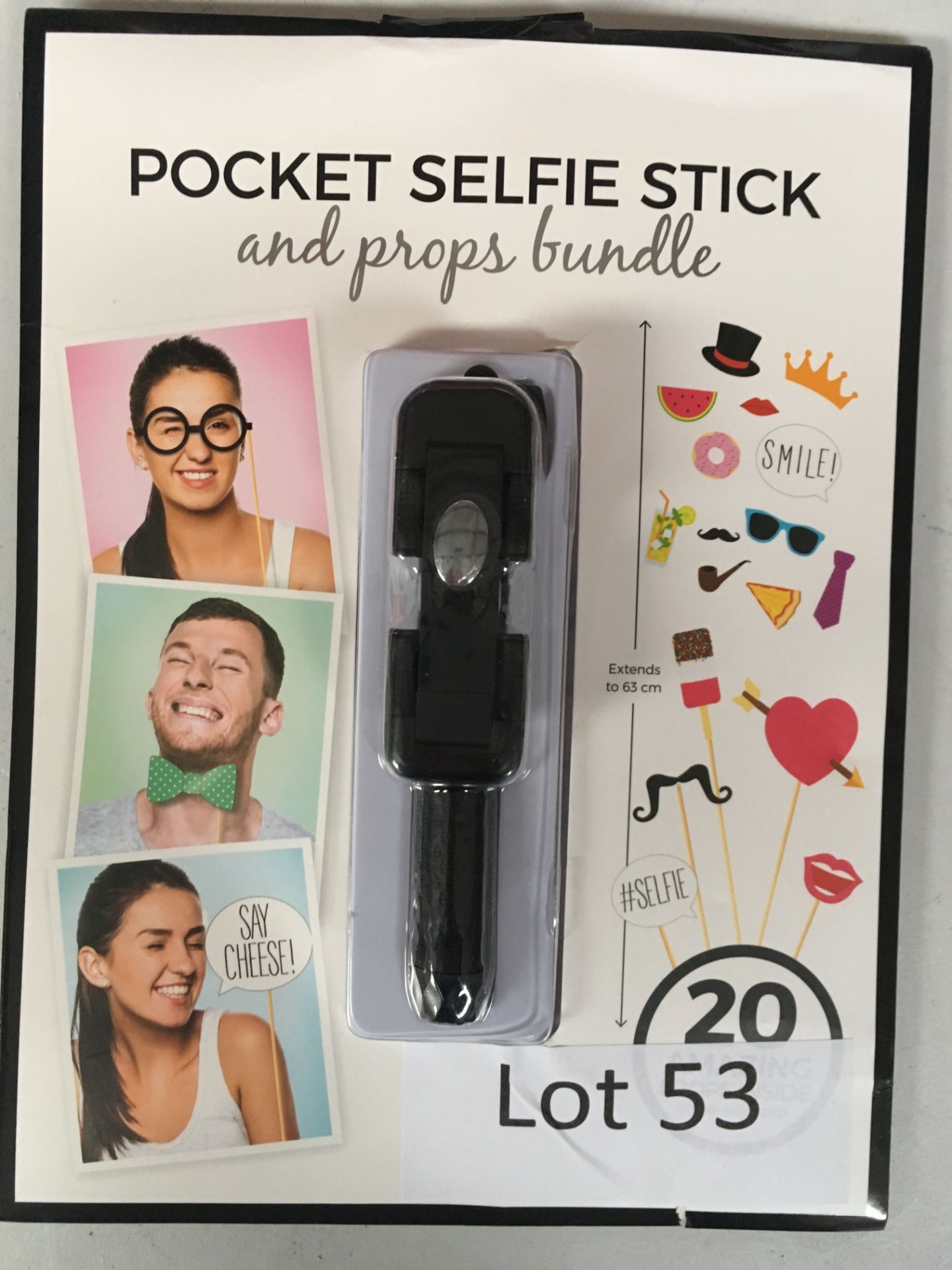 Pocket Selfie stick and props bundle. New.