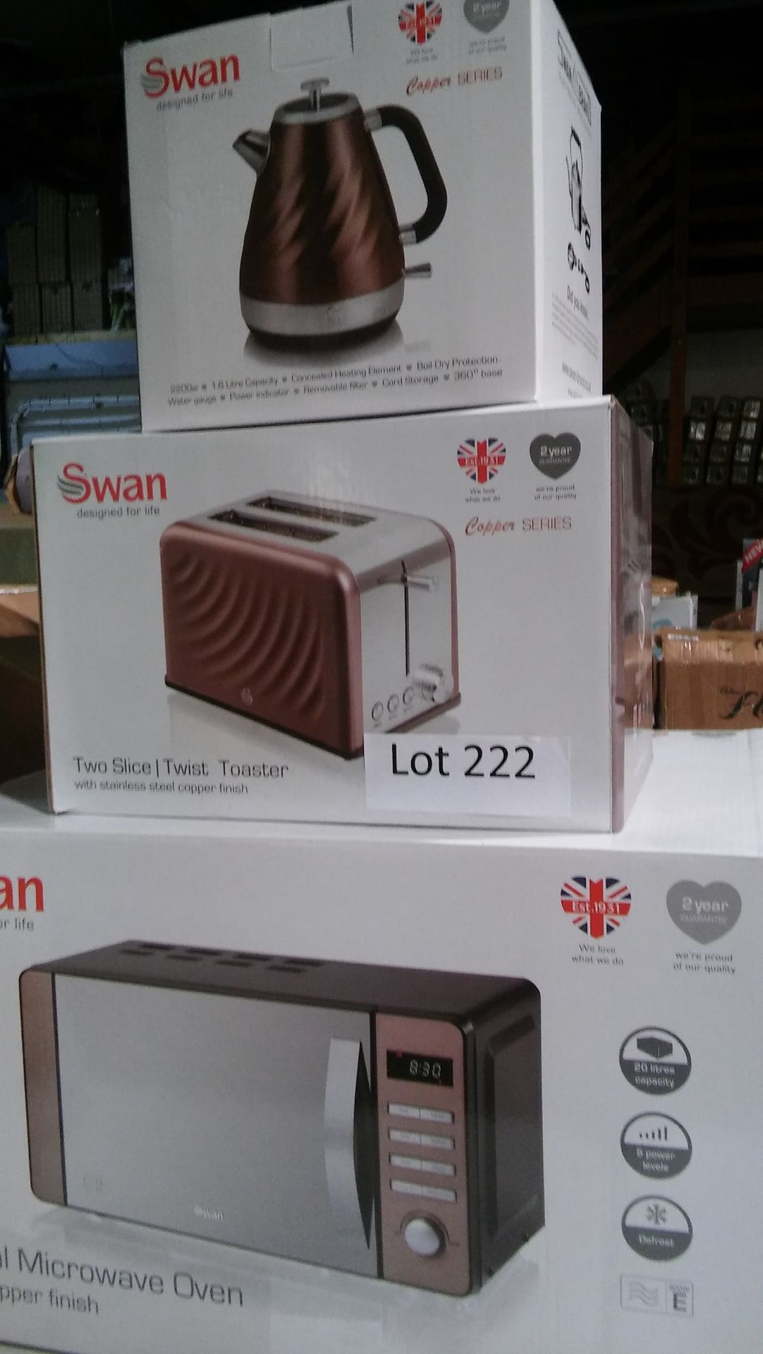 Stunning "Swan" copper effect kitchen set. Consists of 800w Swandigital microwave, 2 slice "Swan