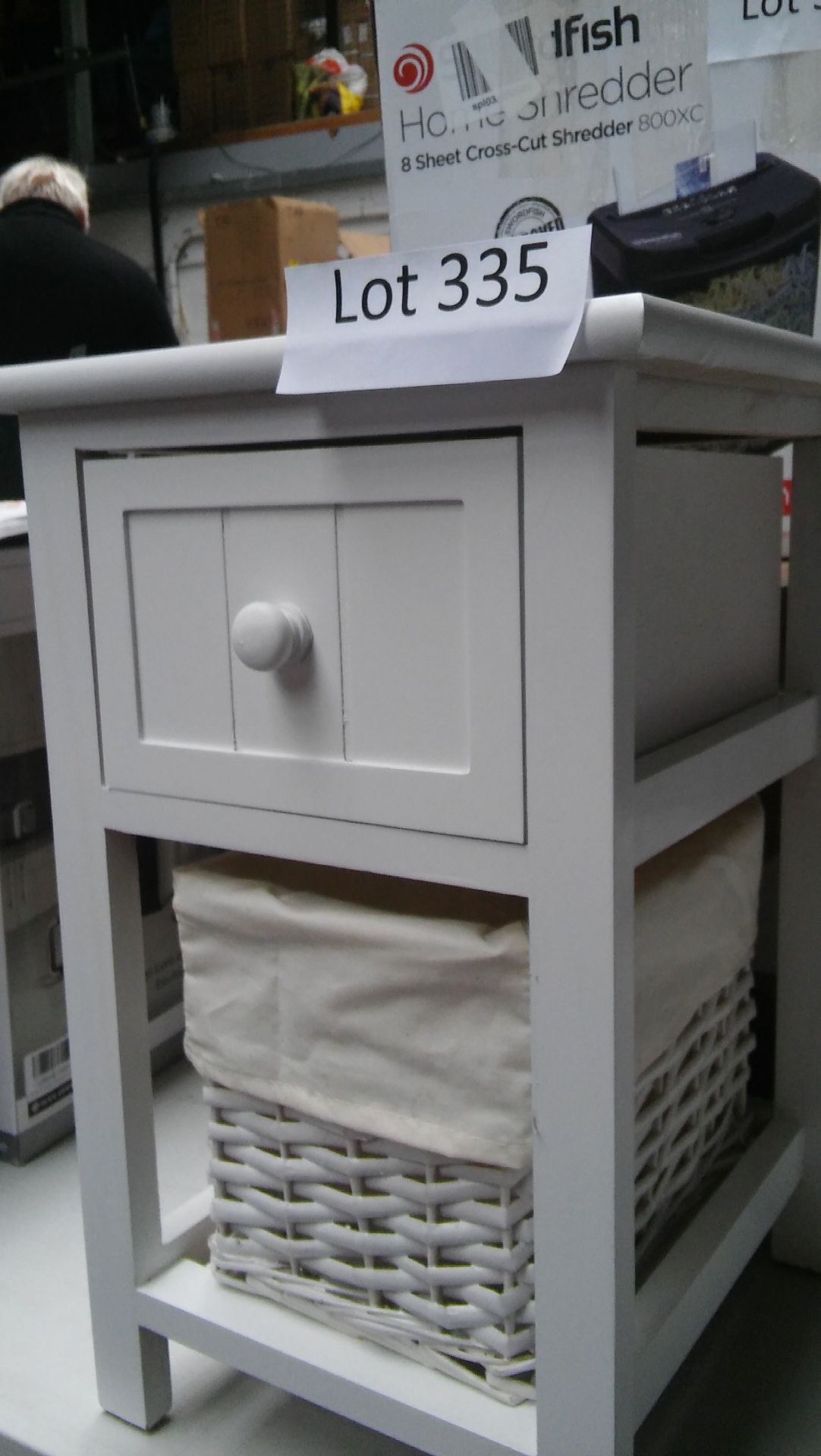 Small white bathroom storage unit with drawer and basket. Approx 28cm x 30cm x 46cm high. new.