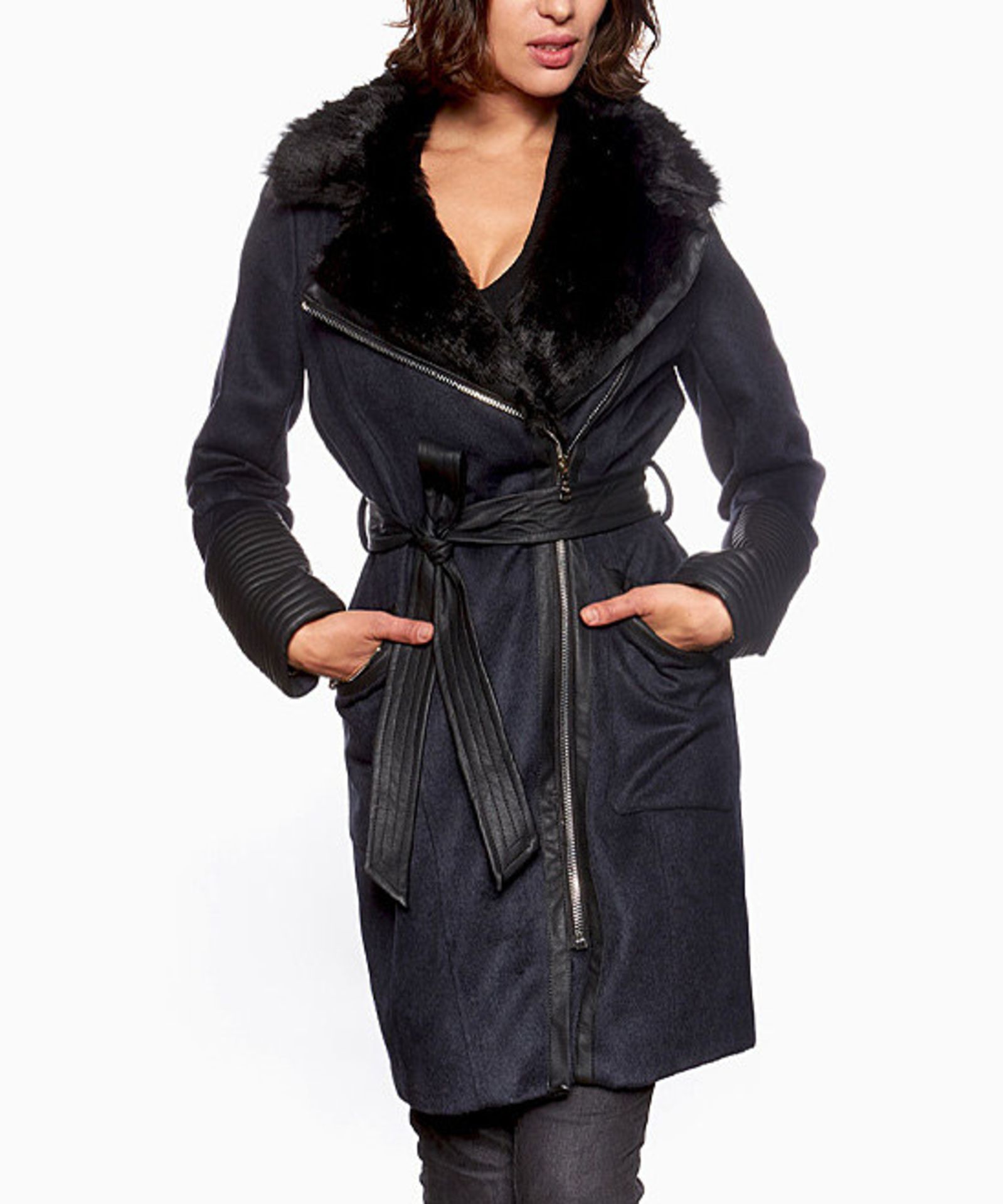 Navy Faux Fur-Collar Wool Belted Coat