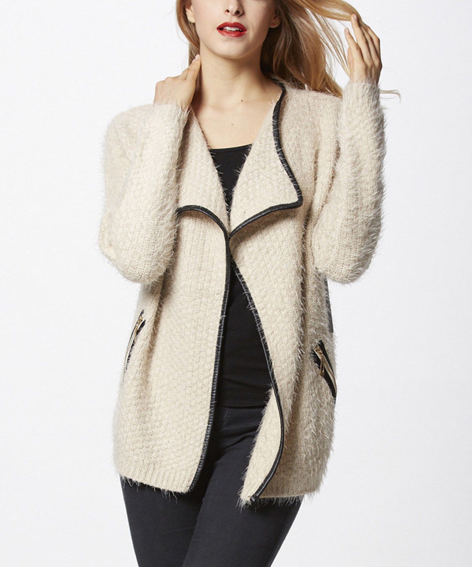 Brand New Beige Wool-Blend Zip-Pocket Open Cardigan US Large (Ref: 30127139 Rail 1)