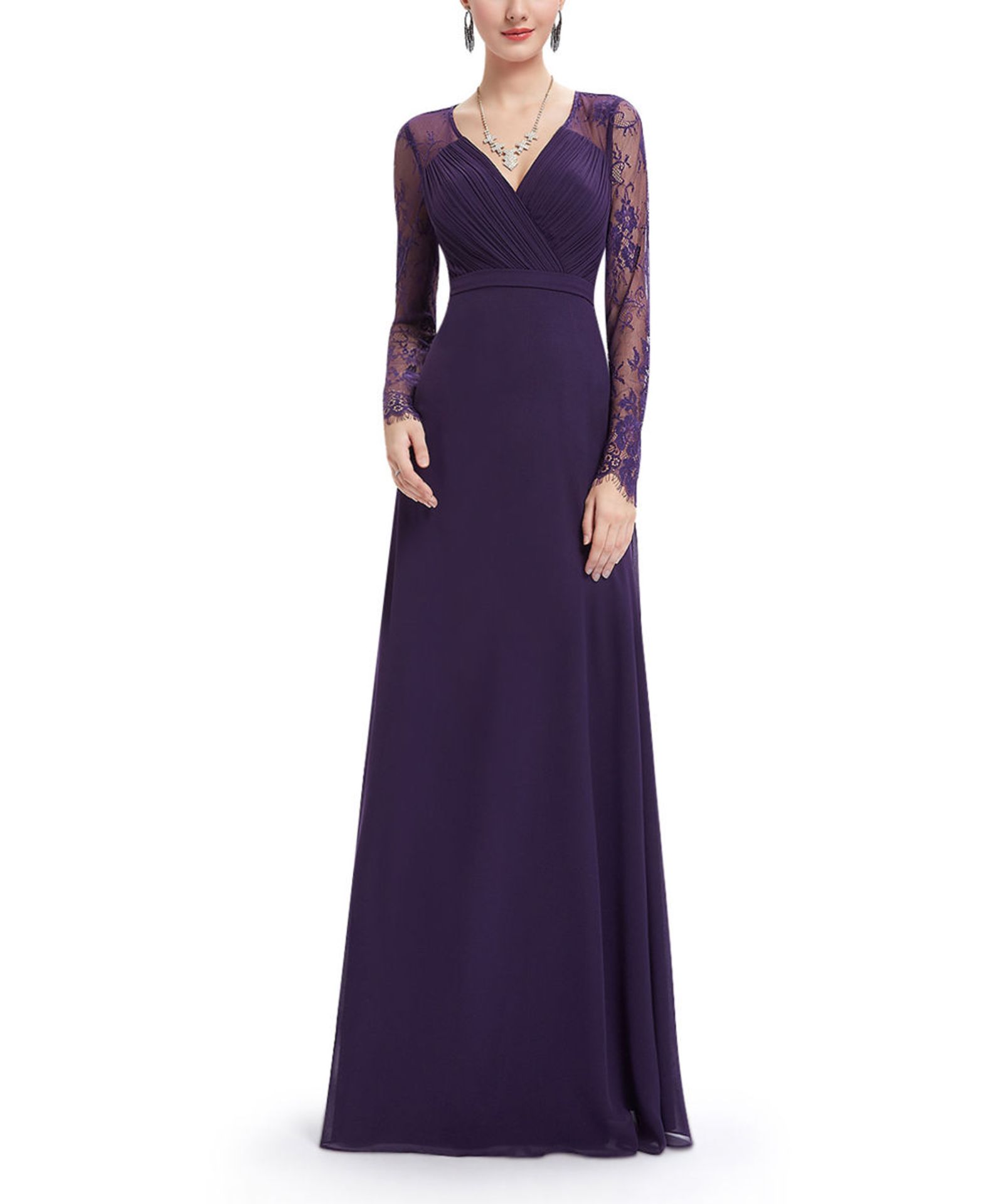 Brand New Ever Pretty Deep Purple Lace-Yoke Gown (UK 12) (Ref: 42751386 F1R)