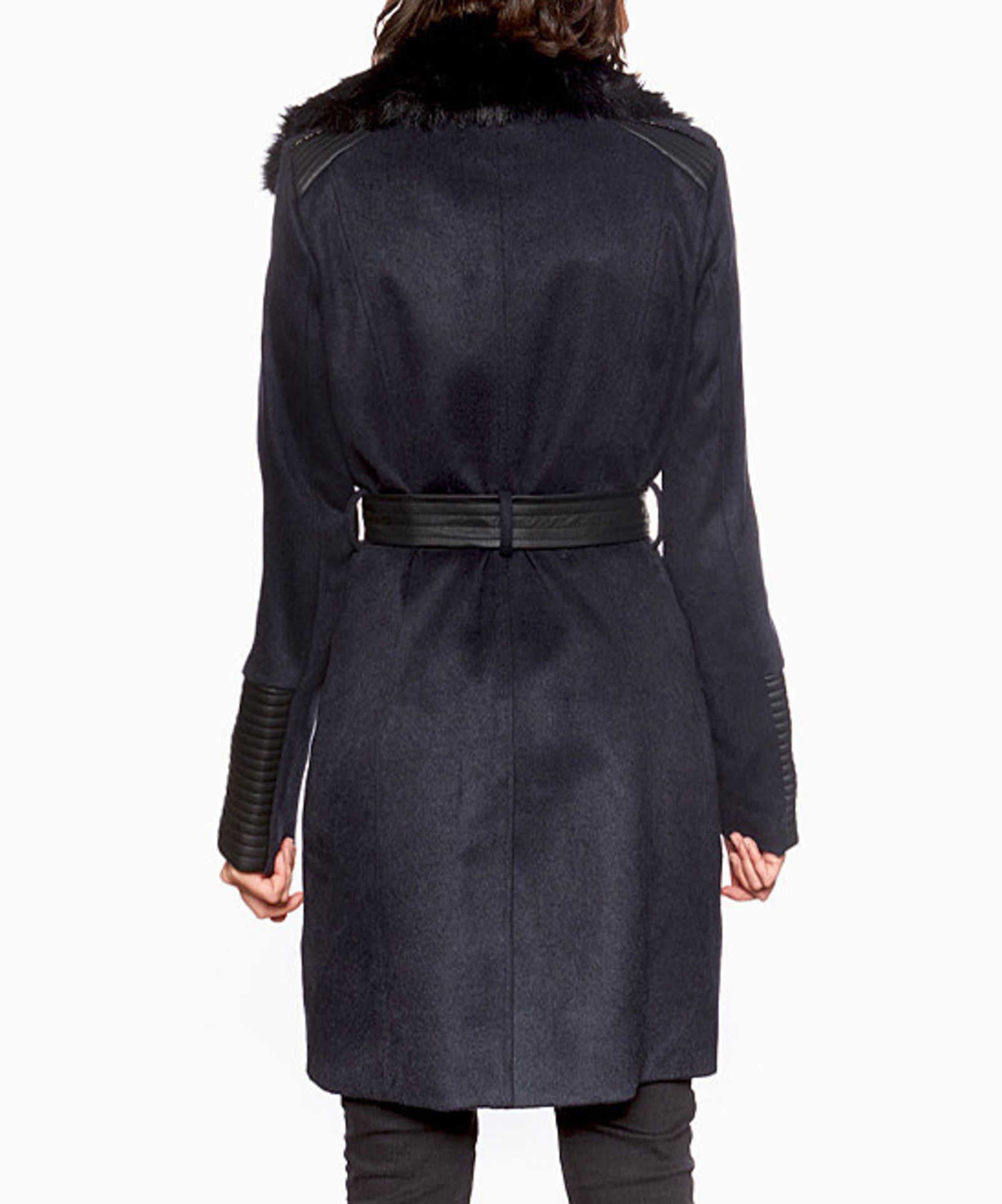 Navy Faux Fur-Collar Wool Belted Coat - Image 2 of 2