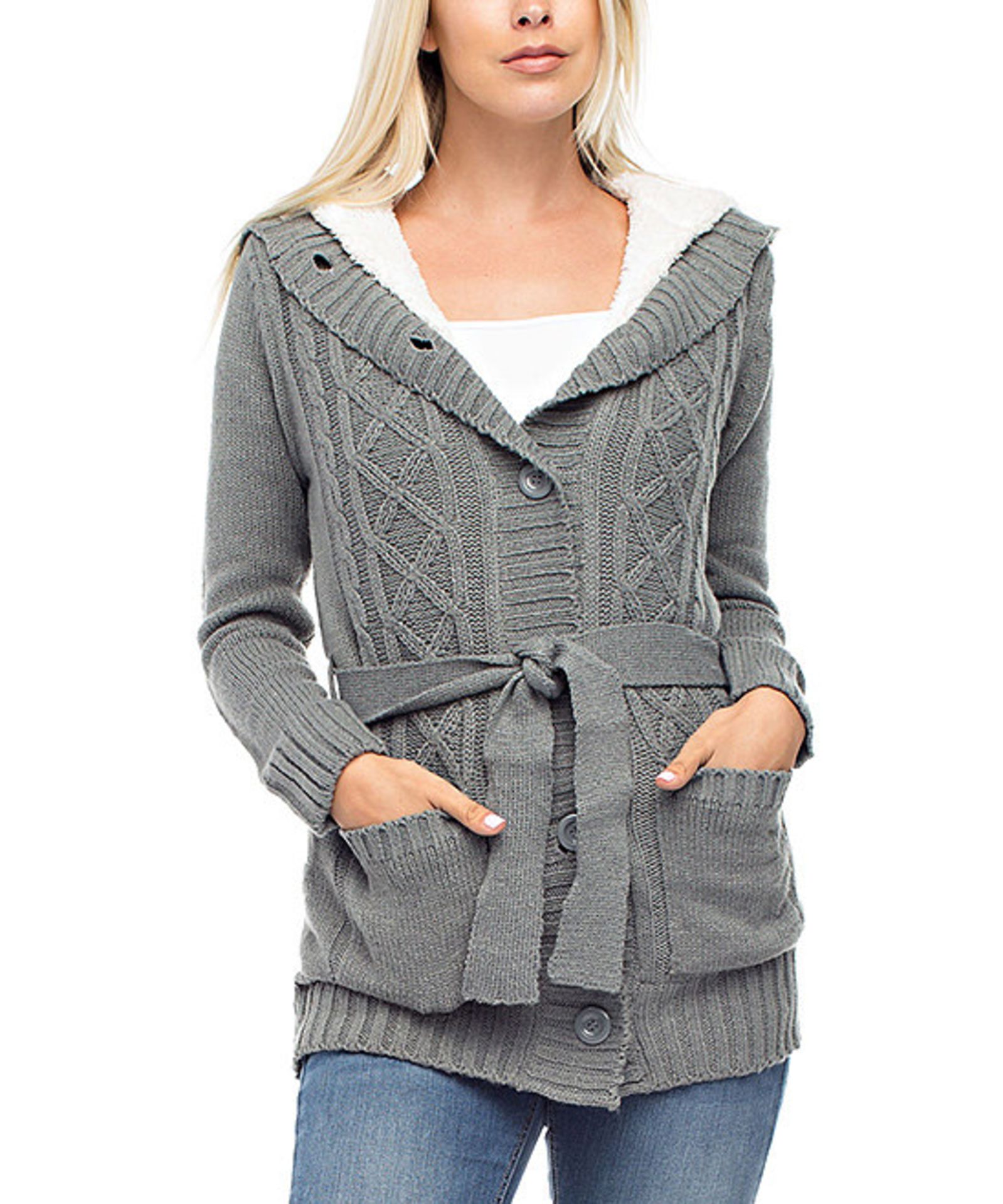 Gray Button-Up Belted Hooded Cardigan