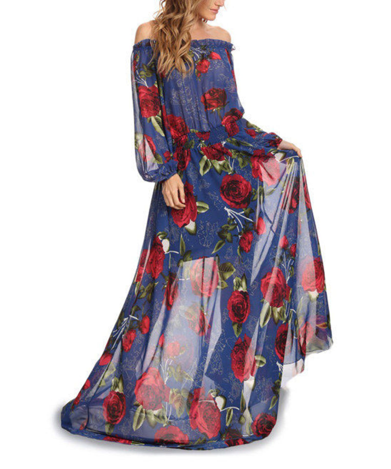 Brand New Blue & Red Sheer Floral Peasant Dress US Medium (Ref: 40484292 F1R)
