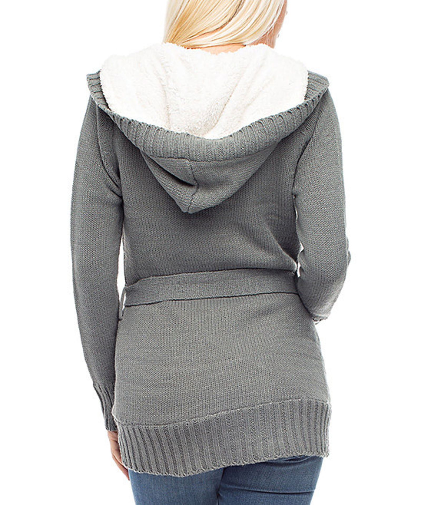 Gray Button-Up Belted Hooded Cardigan - Image 2 of 2