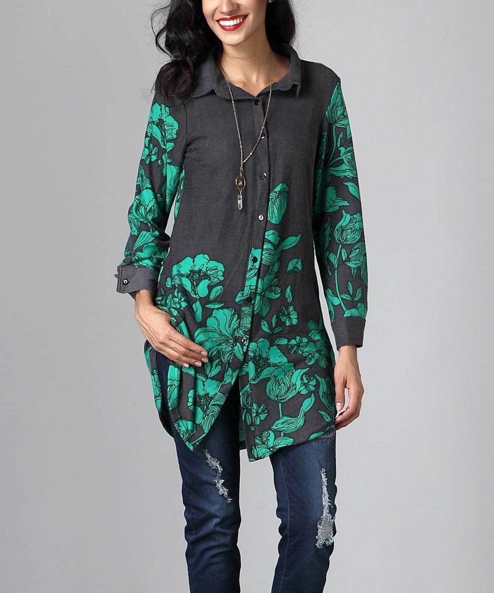 Brand New Reborn Collection Charcoal Floral Split Button-Back Tunic (UK 16) (Ref: 40511581 Bag 16