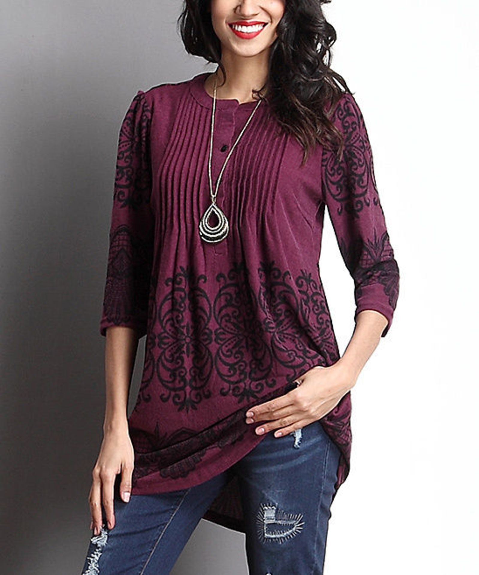 Brand New Reborn Collection Plum Lace-Print Pin-Tuck Notch Neck Tunic (UK 16) (Ref: 30776117 CD