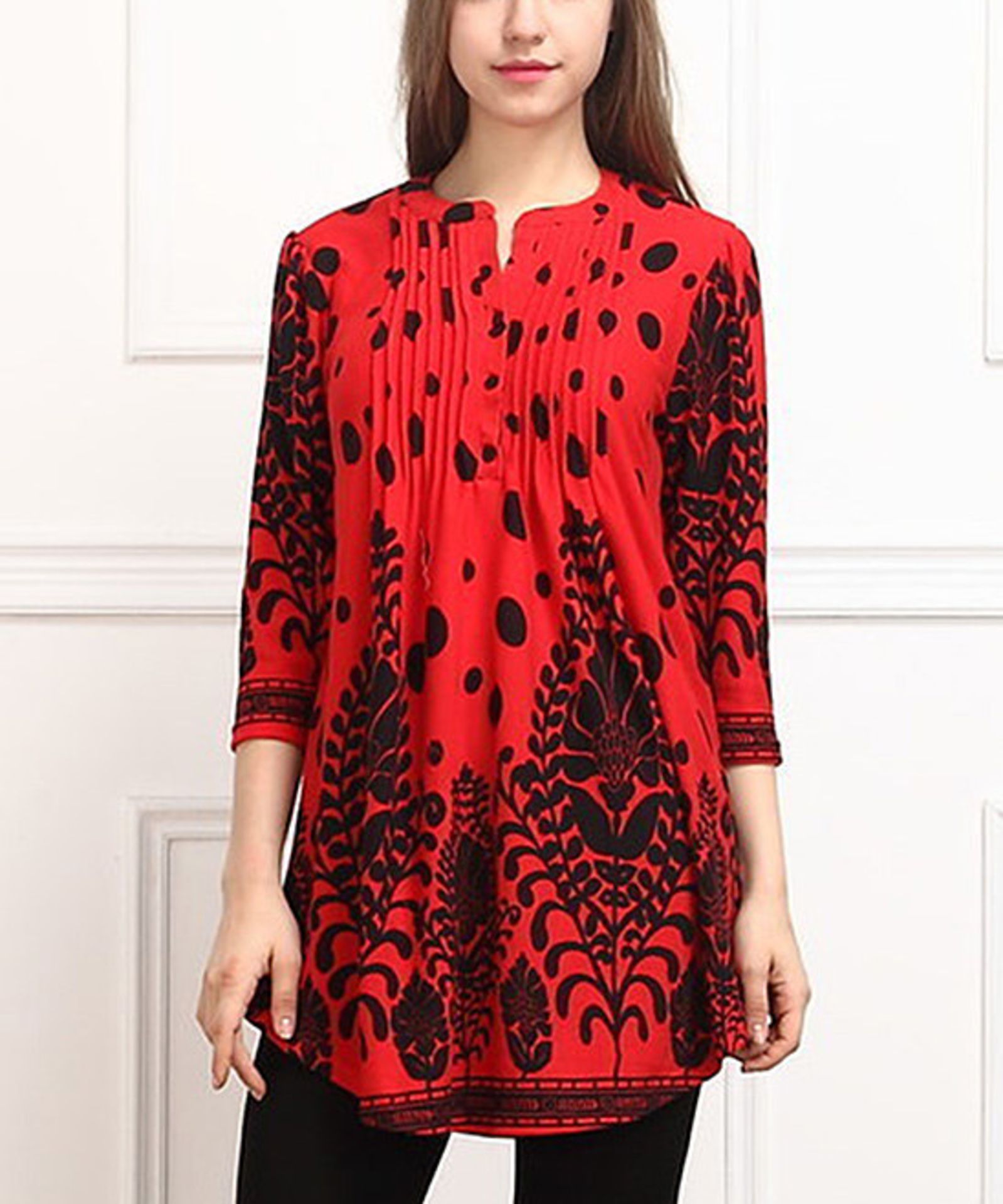 Reborn Collection Red Vine Dot Notch Neck Pin Tuck Tunic (Us Size: L) [Ref: 21057497] - Image 2 of 3