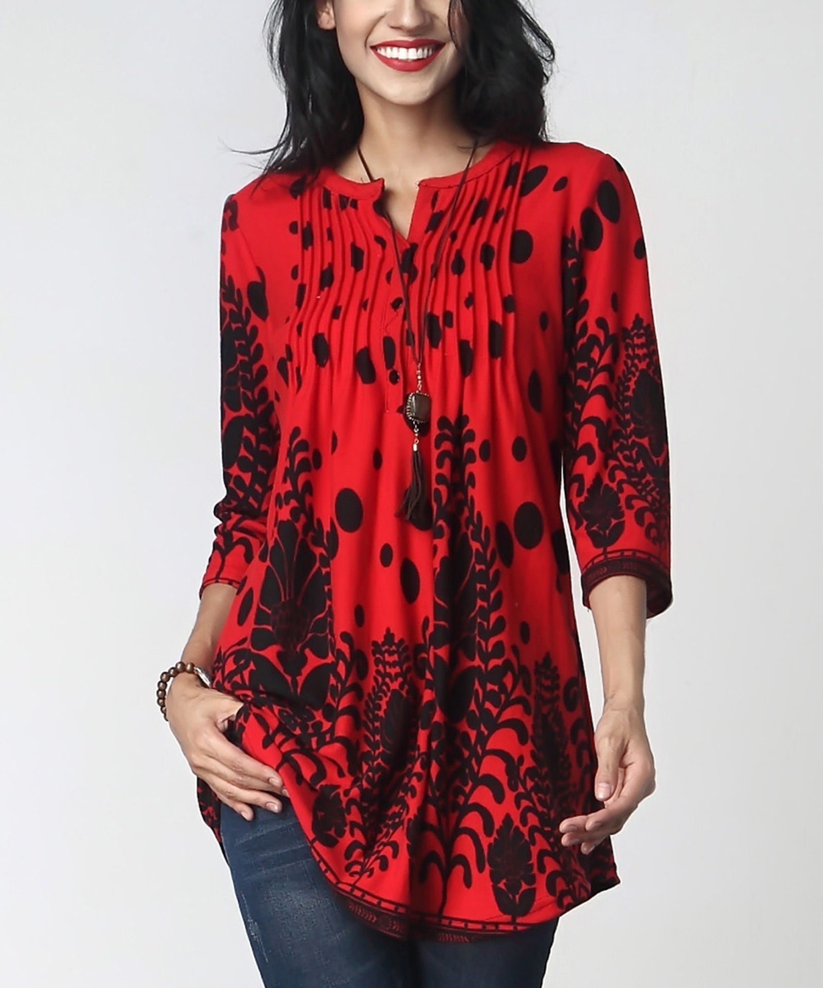 Reborn Collection Red Vine Dot Notch Neck Pin Tuck Tunic (Us Size: M) [Ref: 21057496]