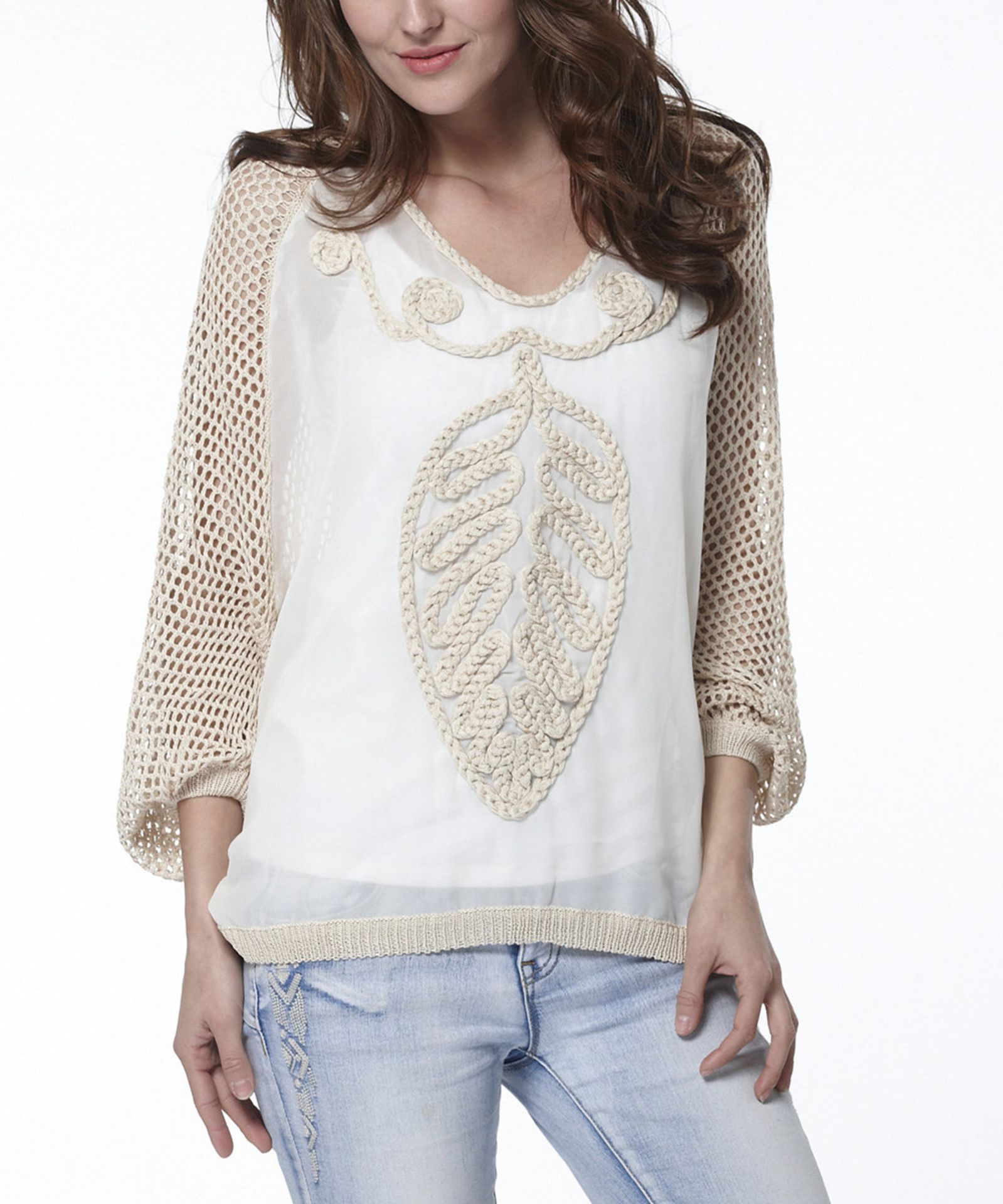 Simply Couture Beige Leaf Semisheer Top (Us Size: Xl) [Ref: 32593188]