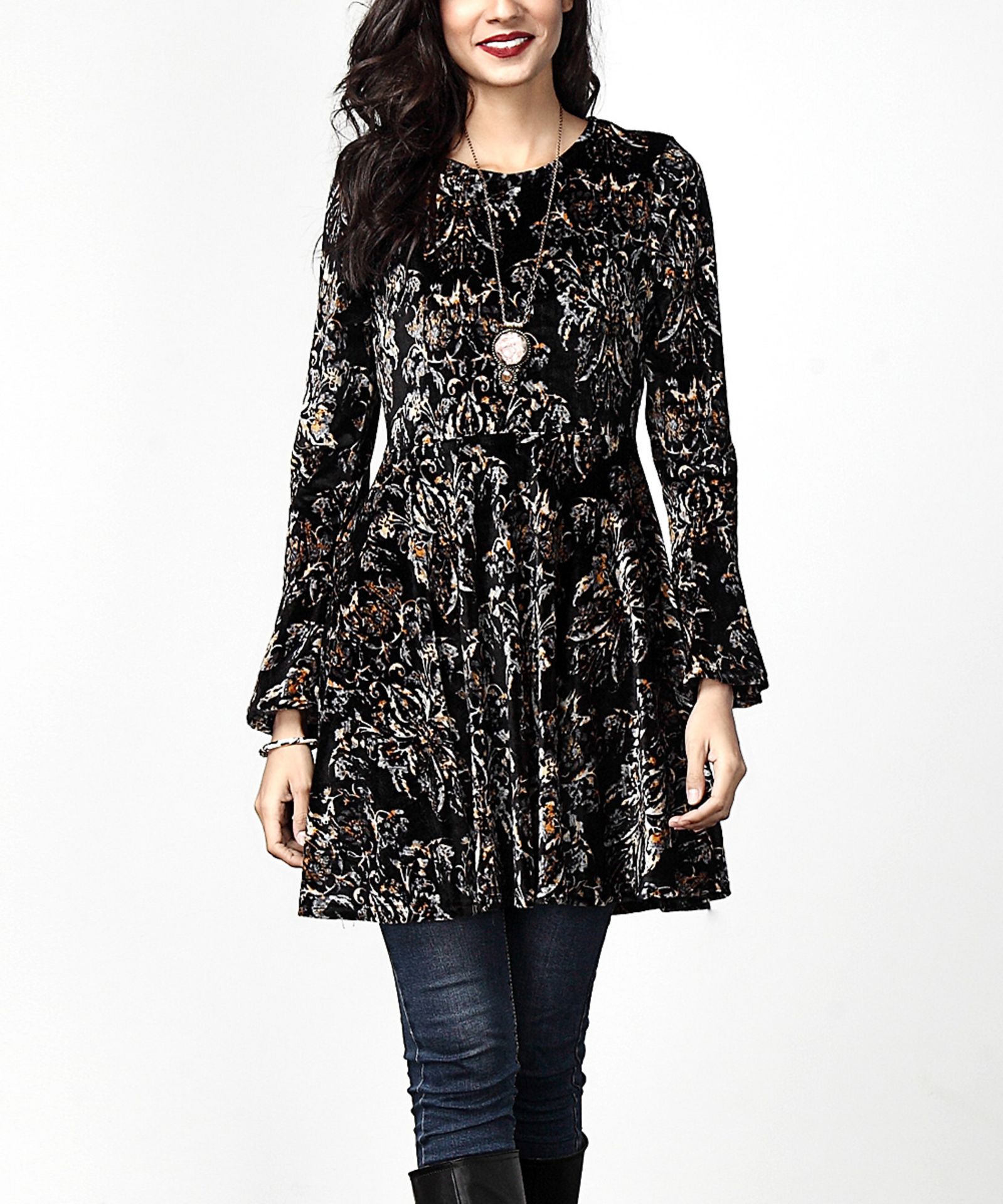 Reborn Collection Black Floral Velvet Empire-Waist Bell-Sleeve Tunic (Us Size: Xl) [Ref: 43544521]