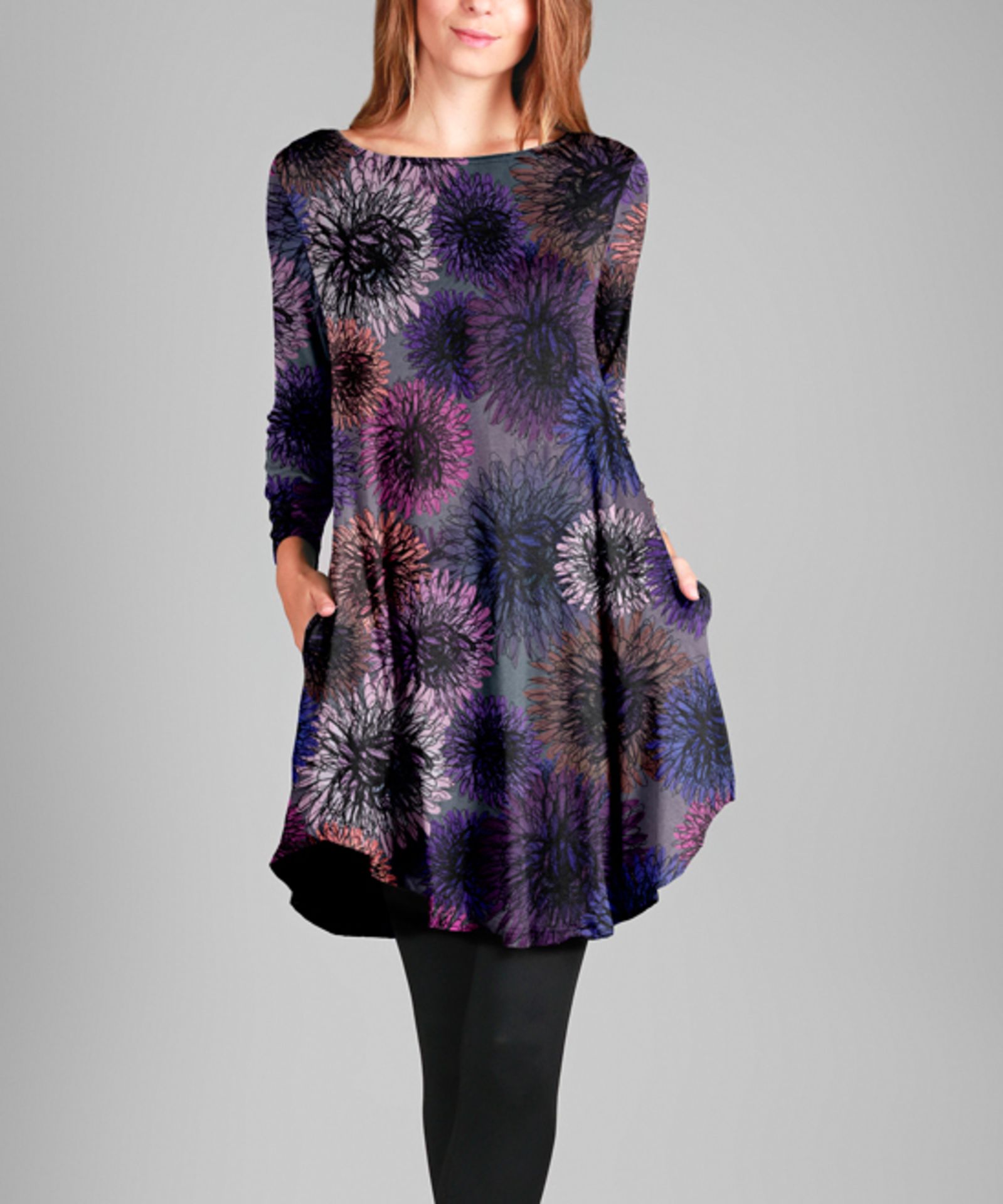 Simply Aster Purple & Gray Floral Pocket Boat-Neck Tunic - Plus Too (Us Size: 3X) [Ref: 42620124]