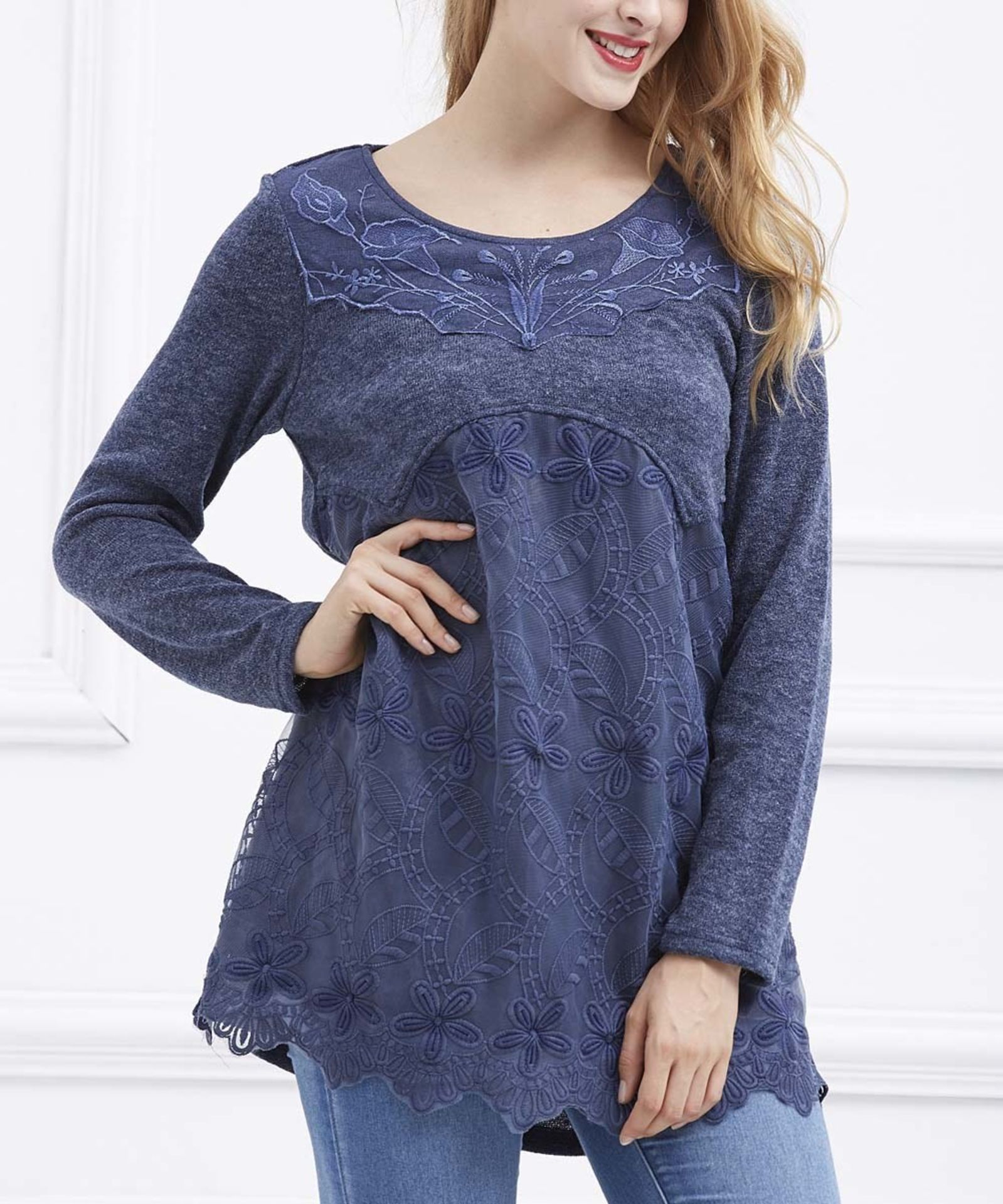 Simply Couture Blue Floral Lace-Inset Long-Sleeve Tunic (Us Size: S) [Ref: 40514145]