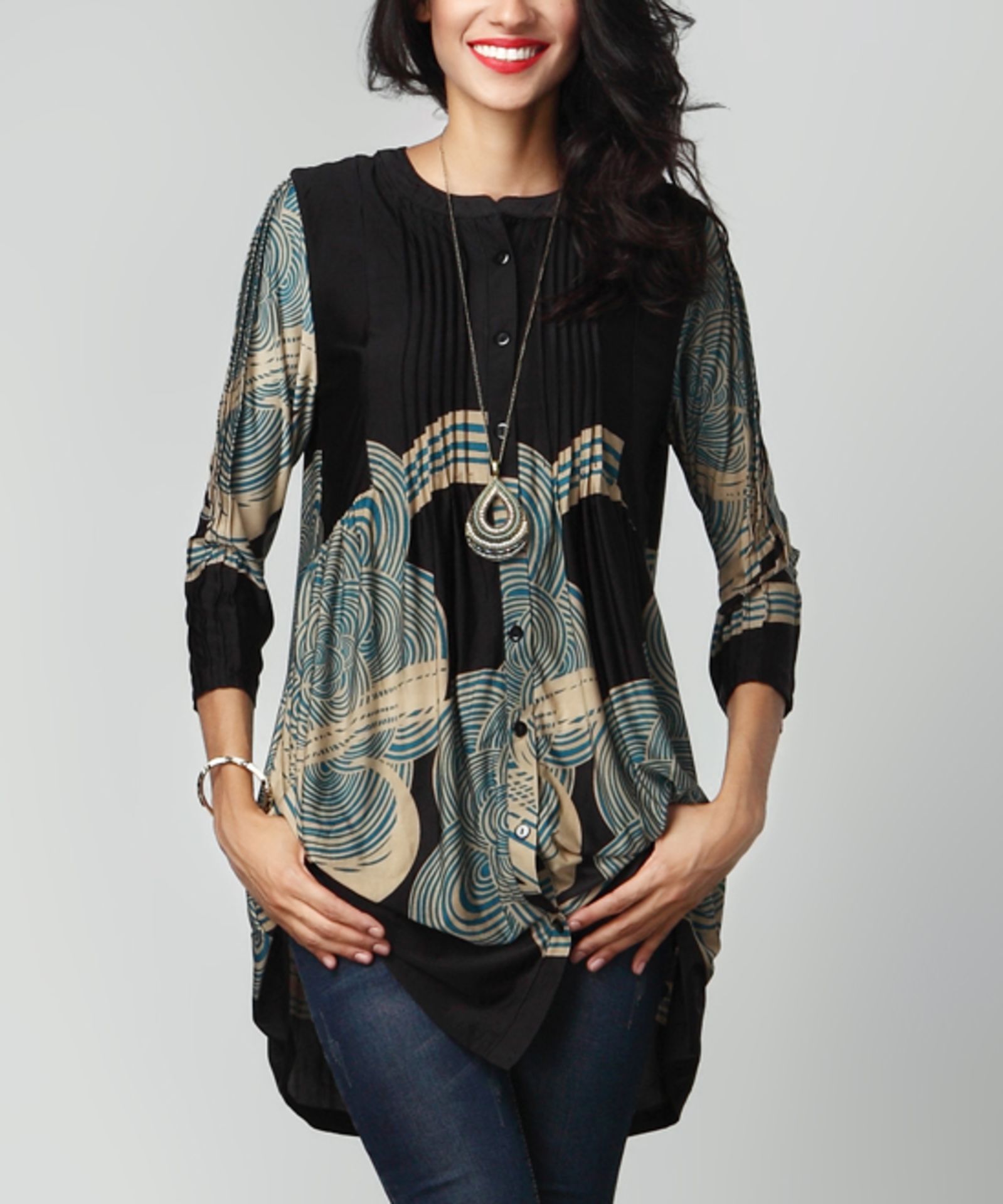 Reborn Collection Black & Teal Cloud Button-Front Pin-Tuck Tunic (Us Size: M) [Ref: 43061311]