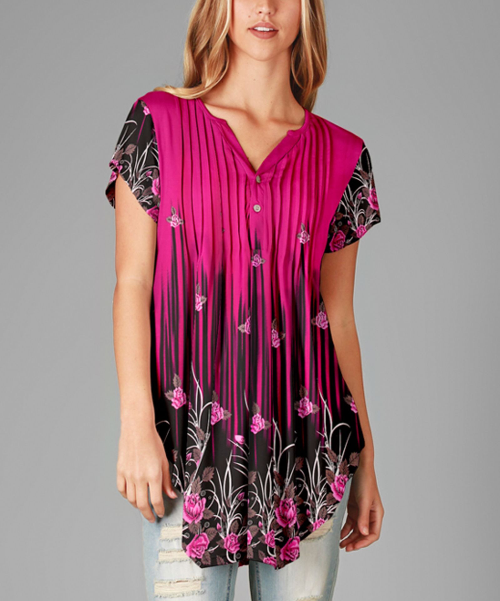 Simply Aster Fuchsia & Black Floral Button-Front Tunic - Plus (Us Size: 4X) [Ref: 37677241]