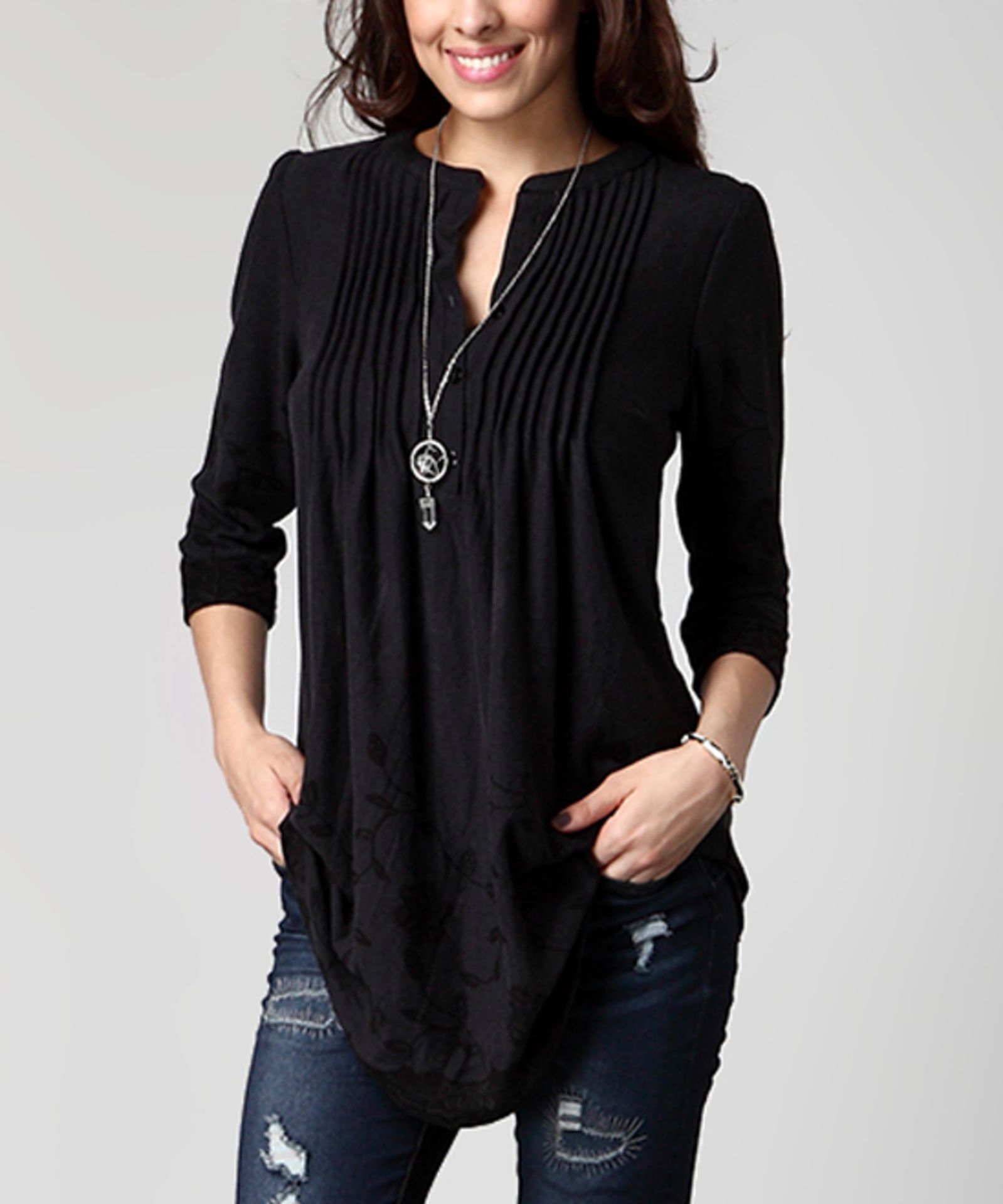 Reborn Collection Charcoal Floral Notch Neck Pin-Tuck Tunic - Plus (Us Size: 3X) [Ref: 40709858]