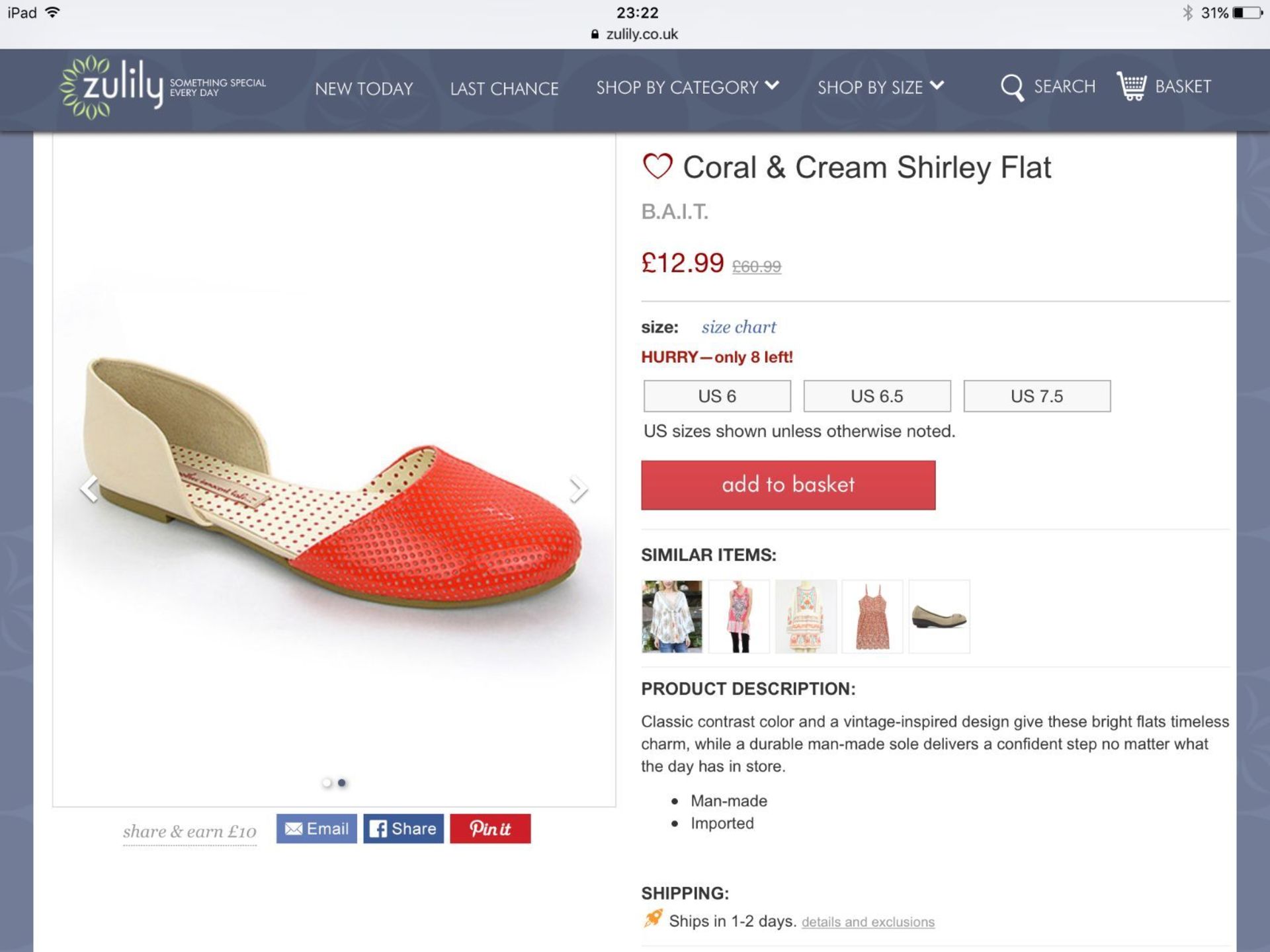 B.A.I.T. Coral & Cream Shirley Flat, Size Eur 38.5, RRP £60.99 (New with box) - Image 3 of 4