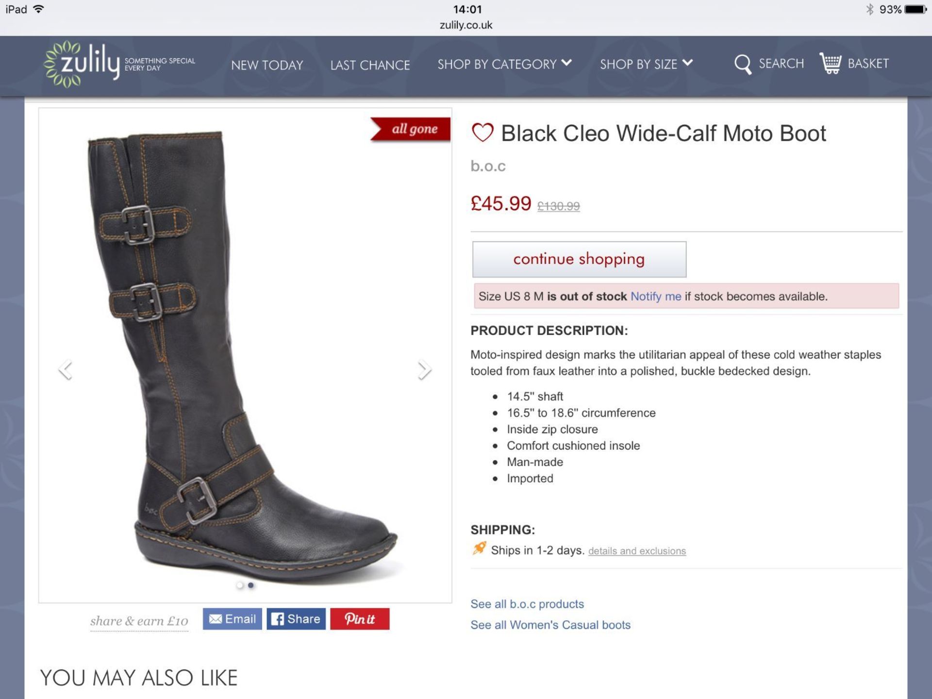 b.o.c. Black Cleo Wide-Calf Moto Boot, Size Eur 38, RRP £130.99 (New with box) - Image 3 of 3