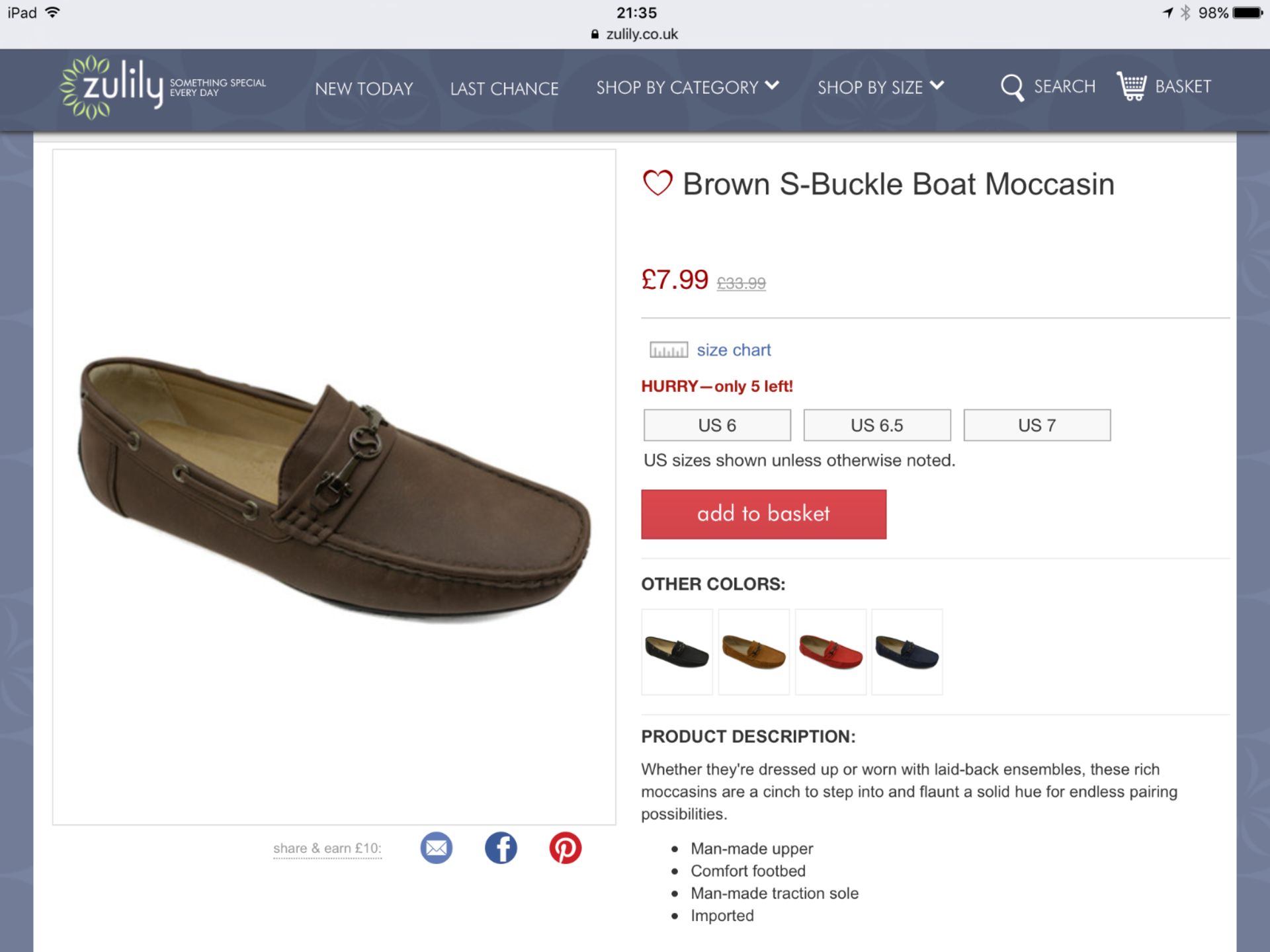 Oudihong Brown S-Buckle Men's Boat Moccasin, Size US 8/UK 7 (New with box) [Ref: 46966854] - Image 2 of 3