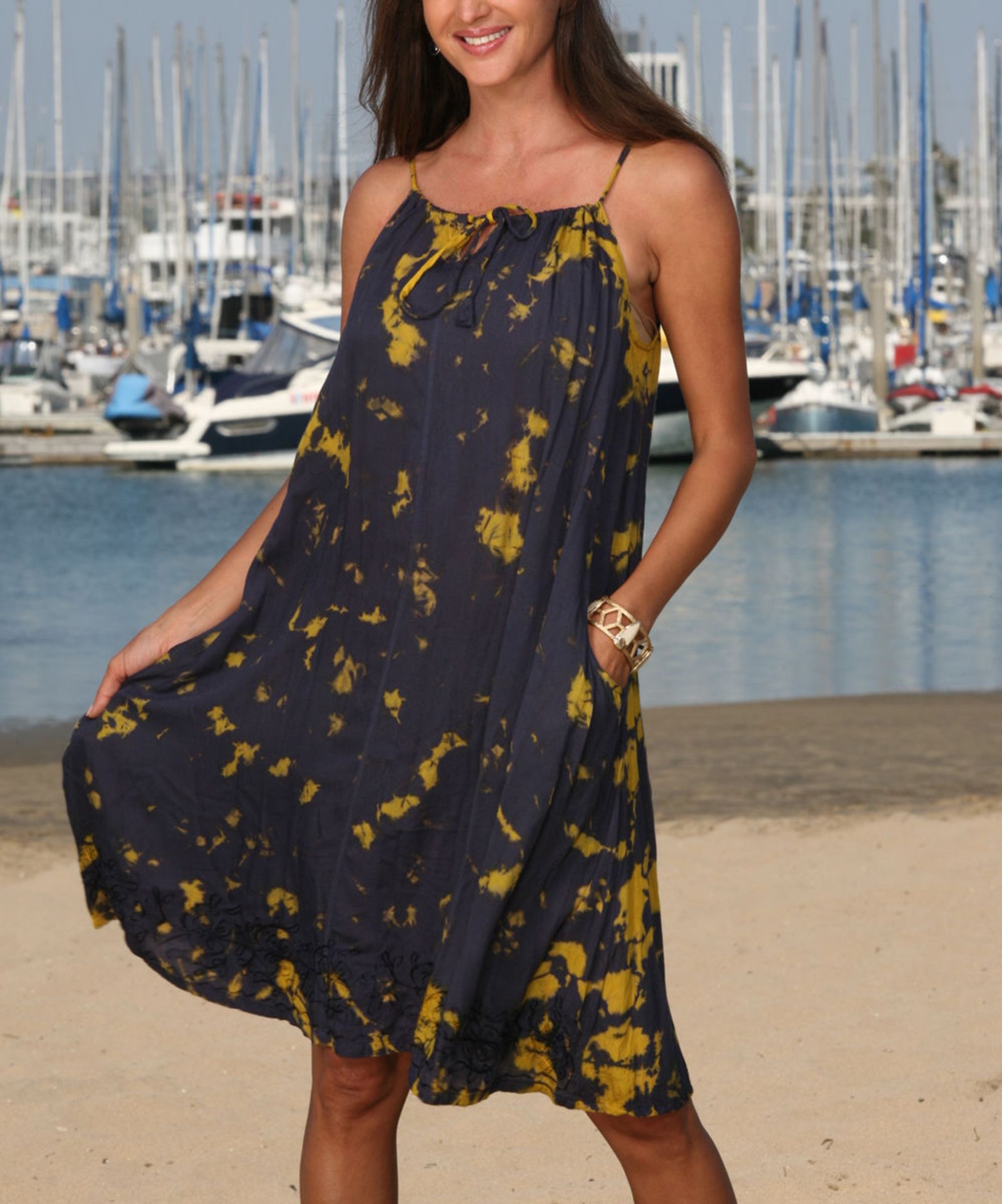 Ananda'S Collection Navy & Yellow Tie-Dye Embroidered Swing Dress (Uk 16:Us 12) (New With Tags) [