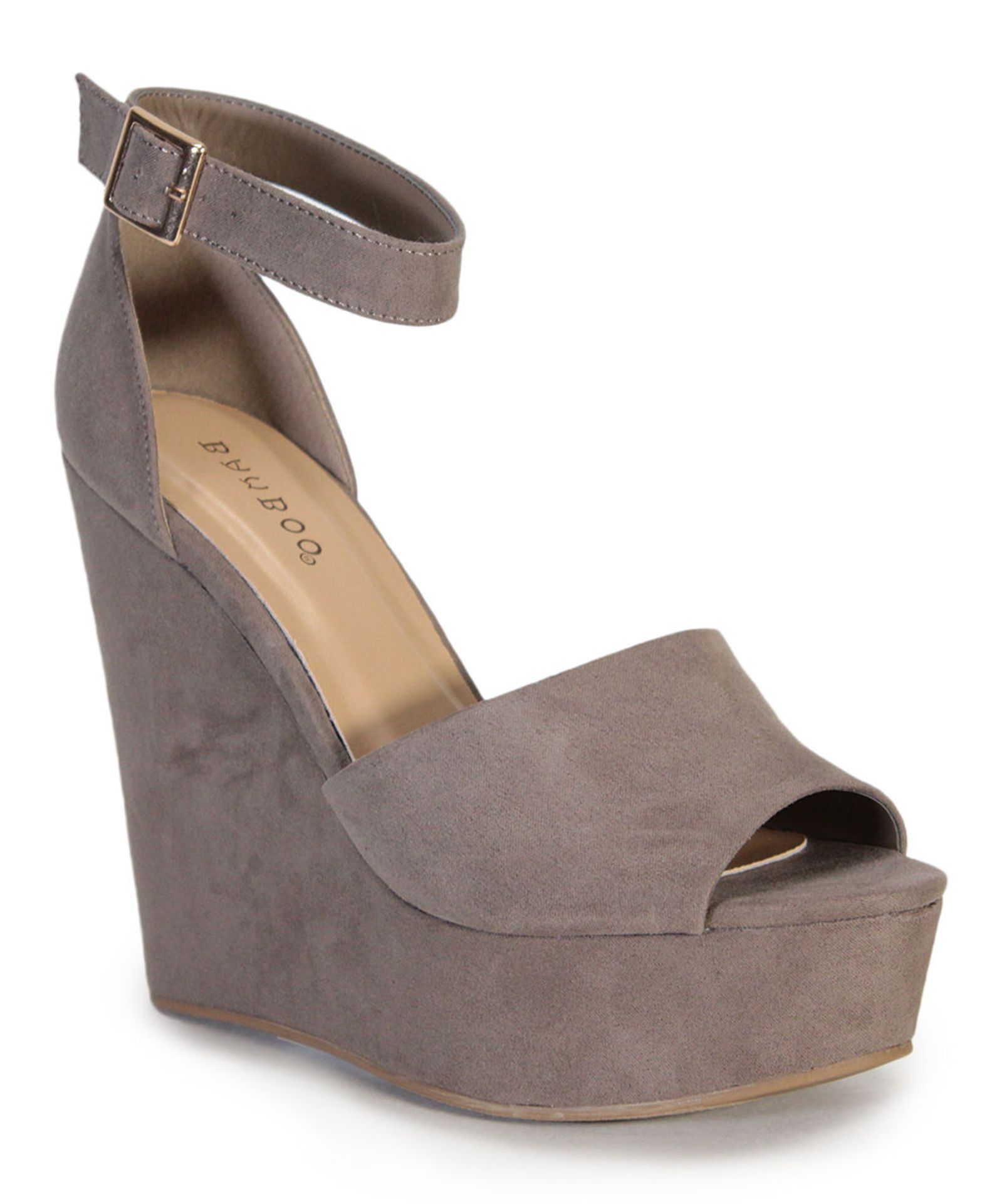 Bamboo, Taupe Ankle-Strap Charade Wedge, US Size 7.5/EUR Size 37.5 (New with box) [Ref: 45232202]