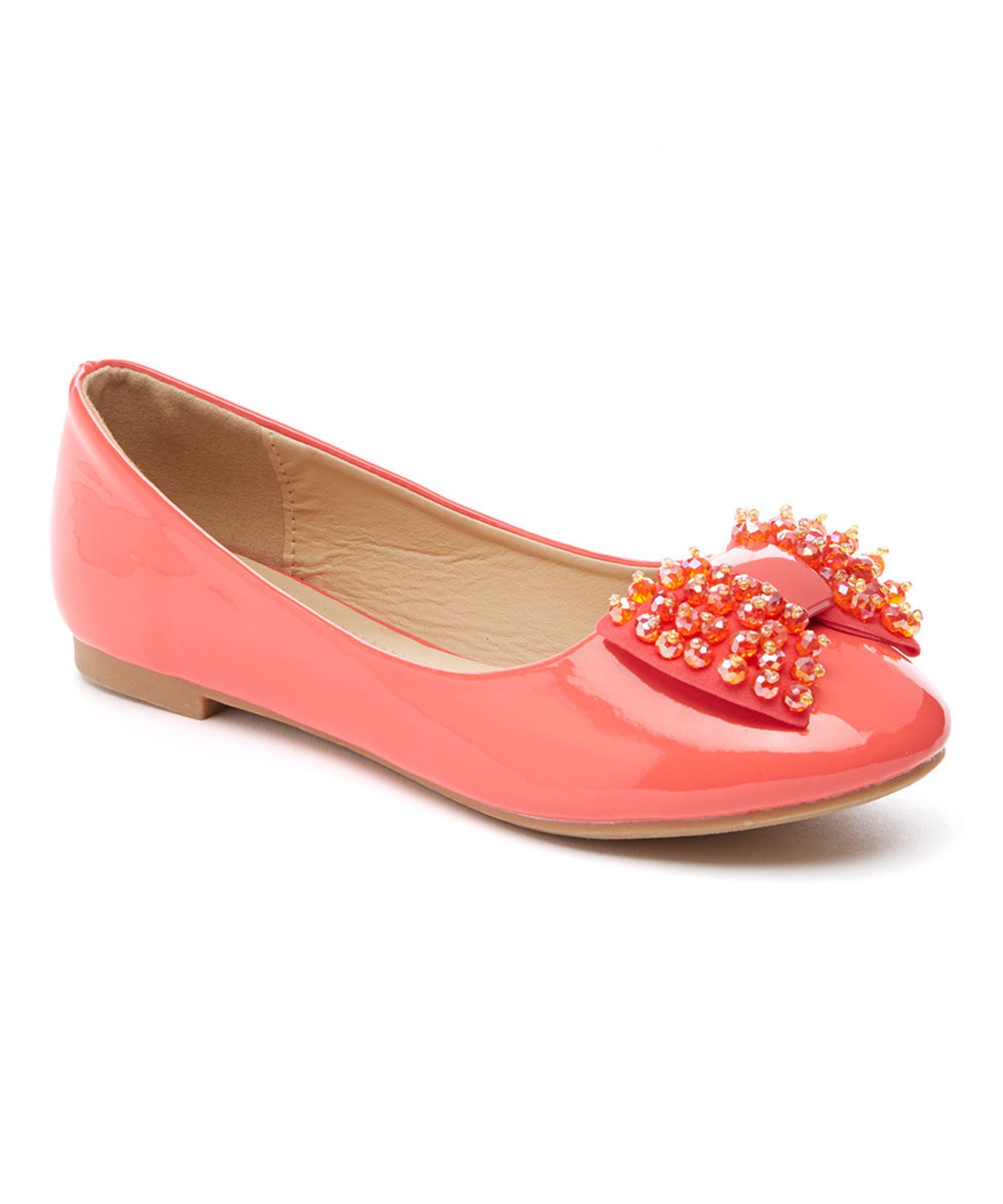 Adorababy, Coral Glossy Embellished-Bow Ballet Flat - Girls Big Kid Size 3 (New with box) [Ref: