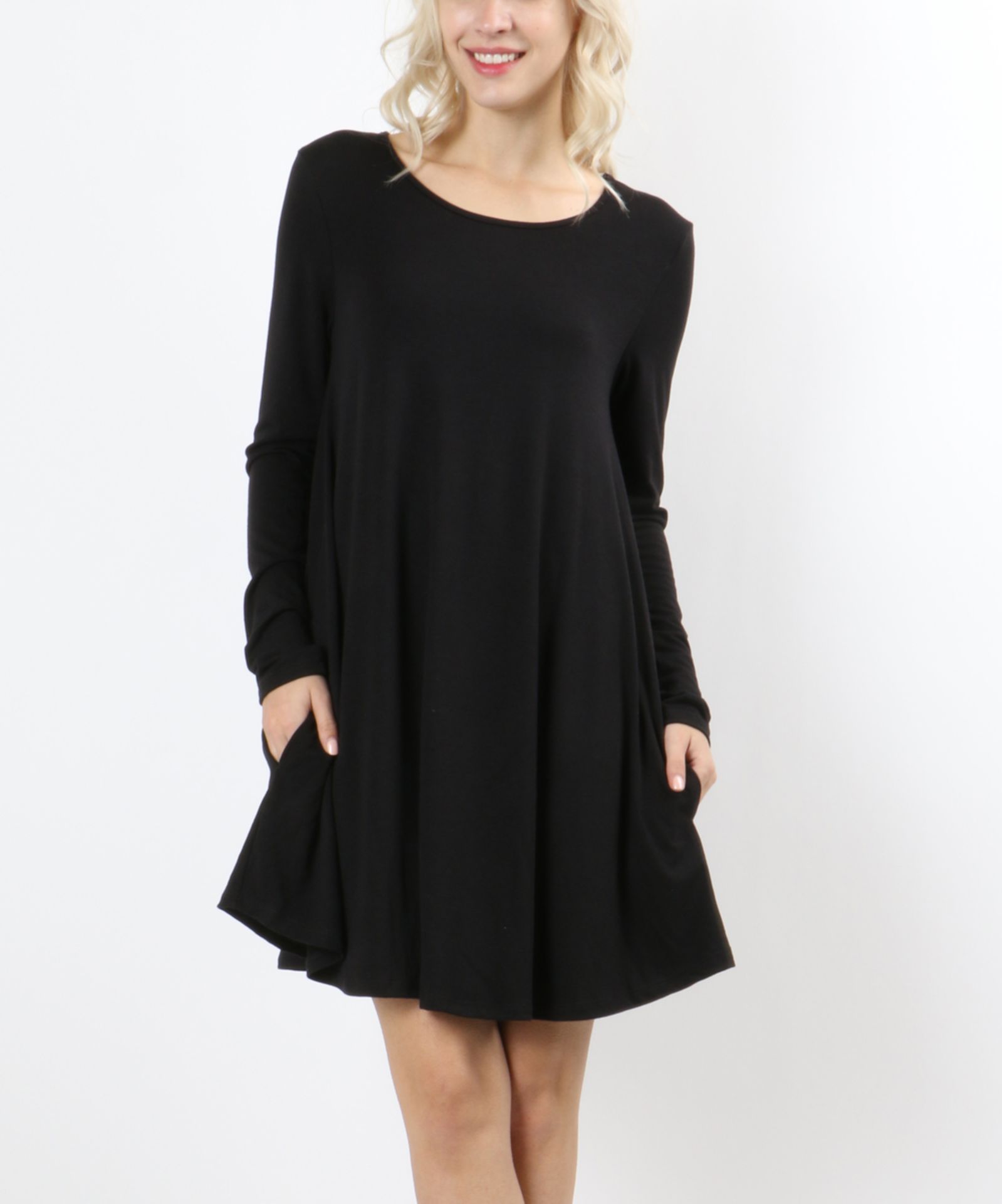 Zenana Black Long-Sleeve Shift Dress (Us Size: S) [Ref: 44076908-T-2]