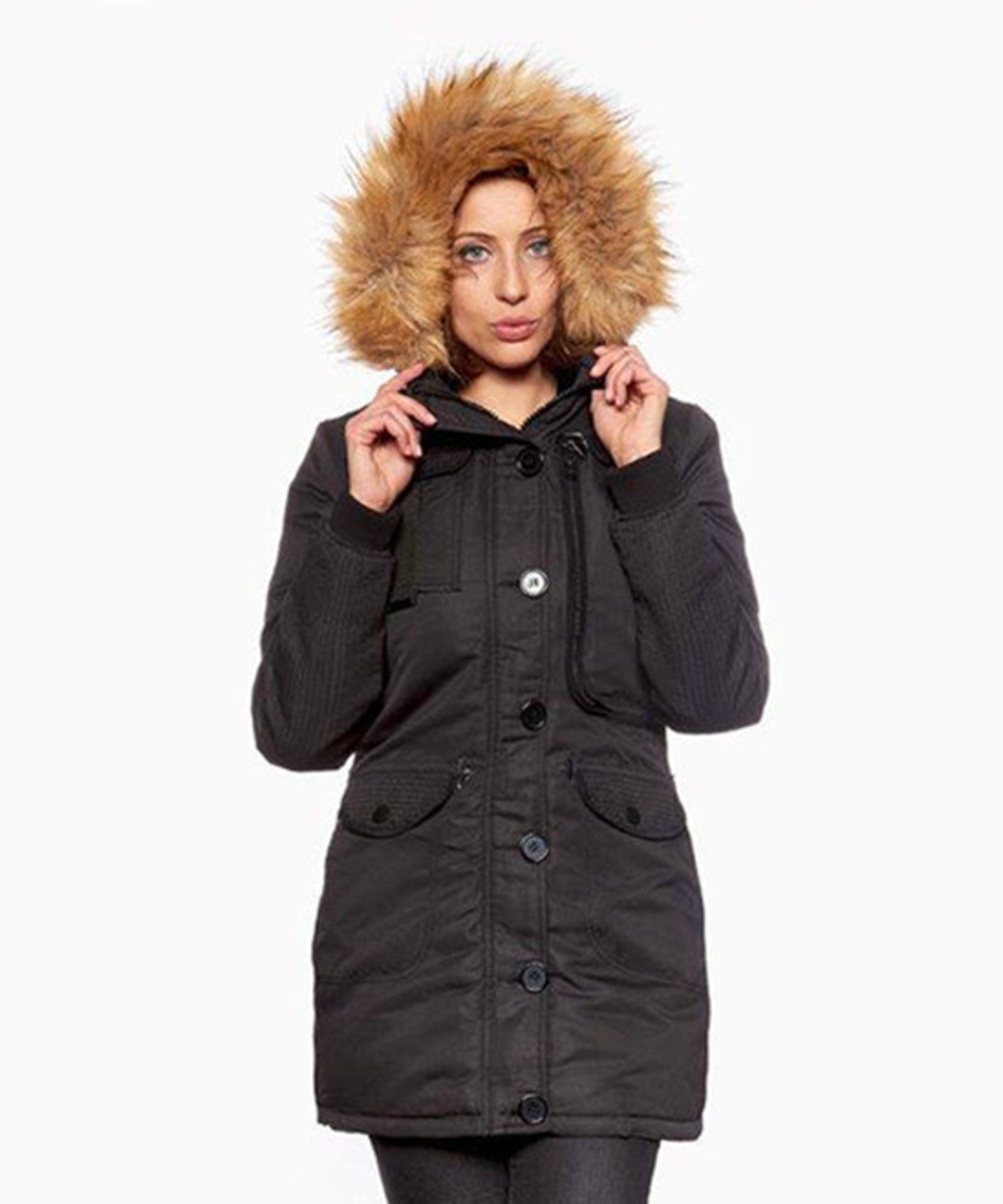 Black Faux Fur Hood Button-Up Coat - Plus Too (Us Size: 2XL) [Ref: 43802918]