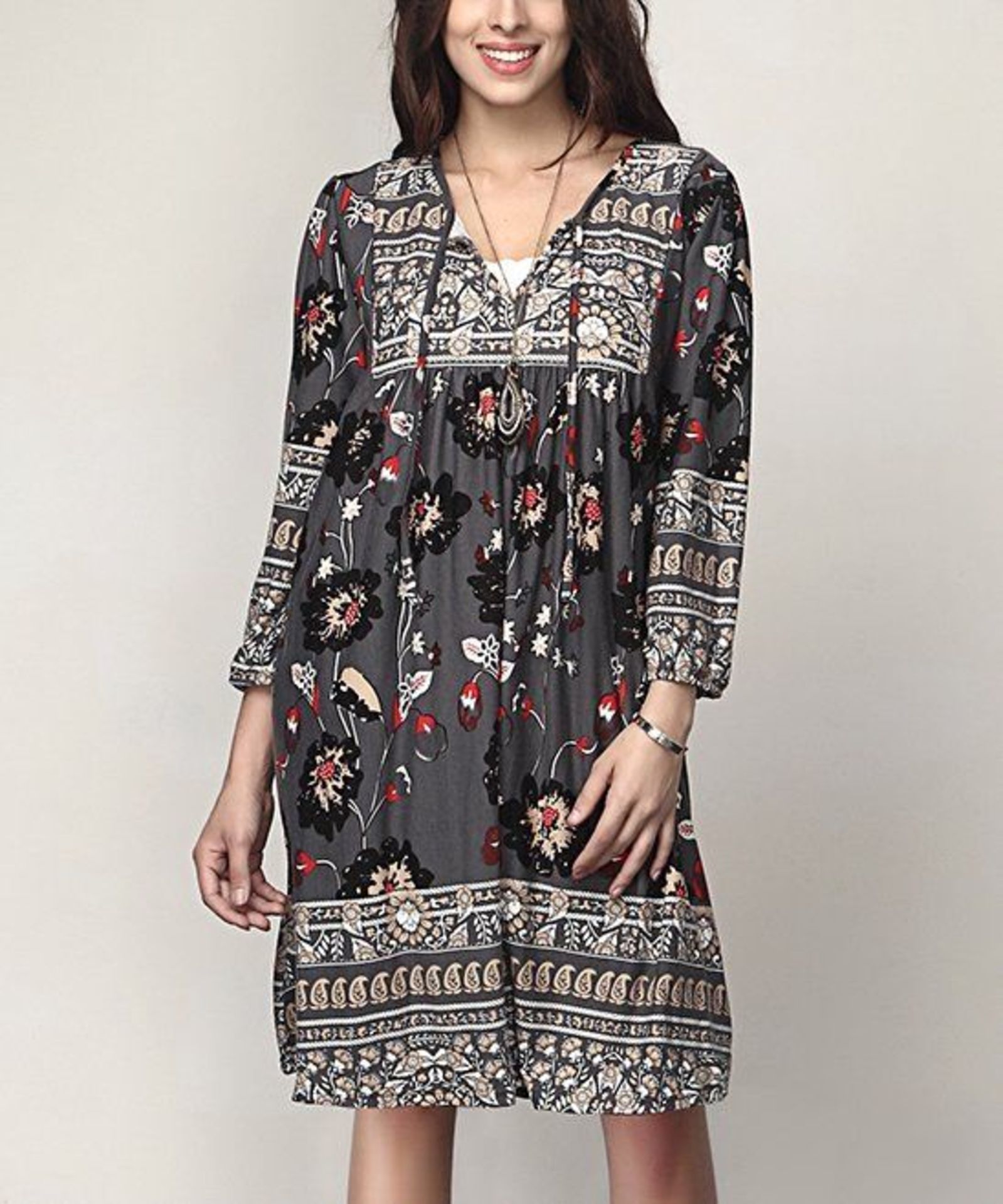 Reborn Collection Gray Floral Tie-Front Tunic Dress, UK Size 26-28 US 22-24 (New with tags) [Ref: