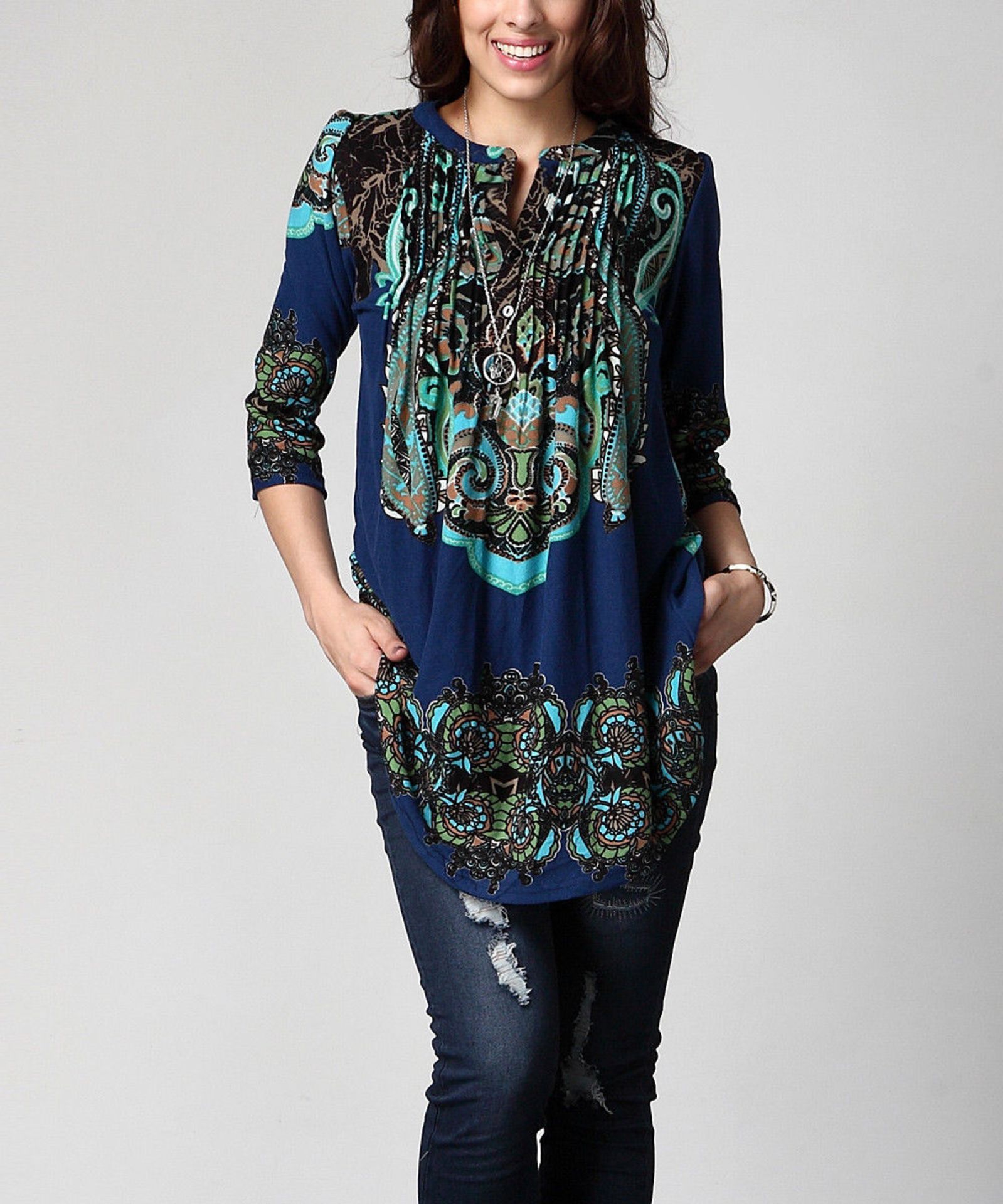 Reborn Collection Blue Paisley Notch Neck Pin Tuck Tunic, UK Size 16-18 US 20-22 (New with tags) [