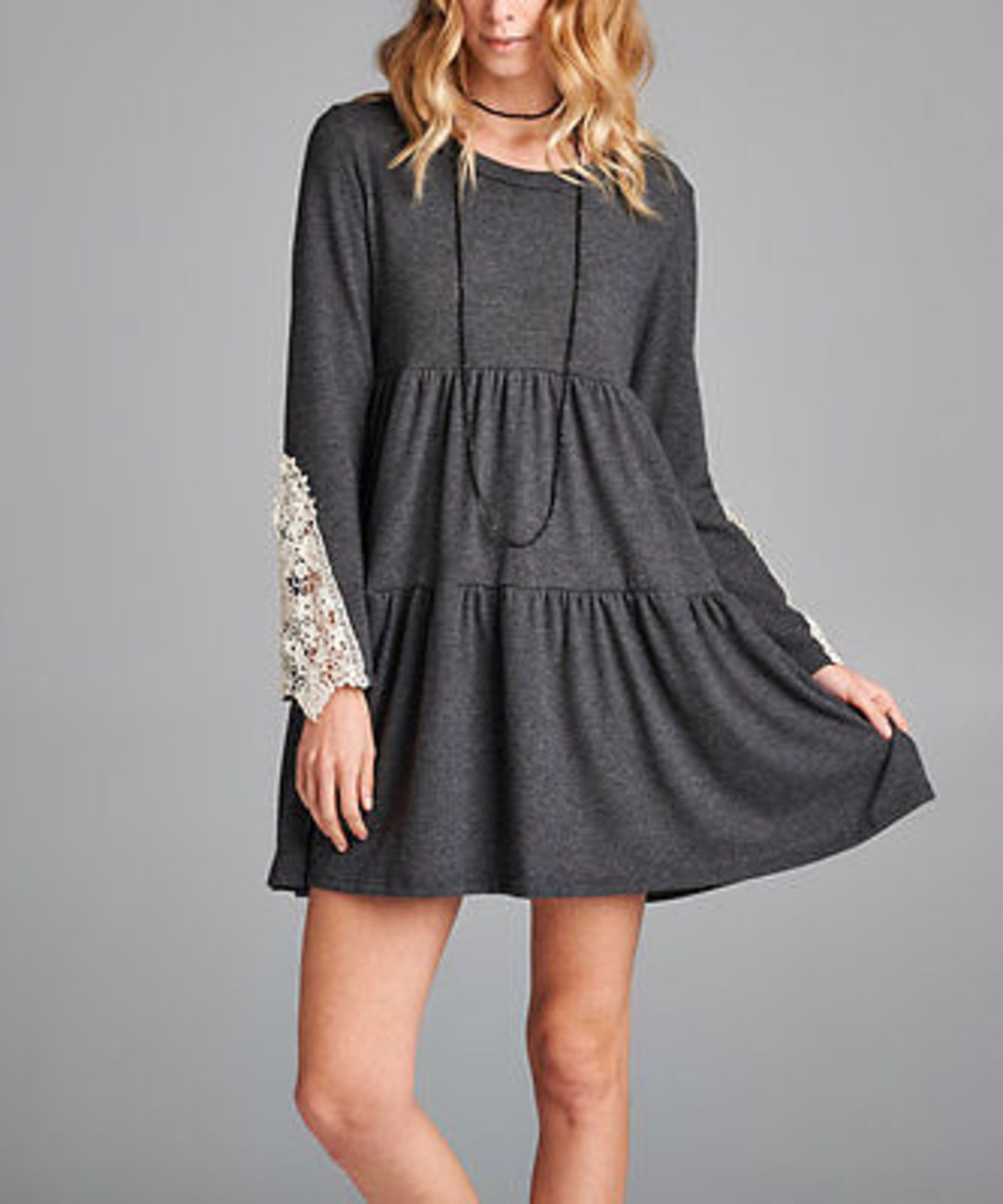 Charcoal Crochet-Sleeve Swing Dress (US S/UK 8/EU 36) (New with tags) [Ref: 44823101- T-4] - Image 2 of 3