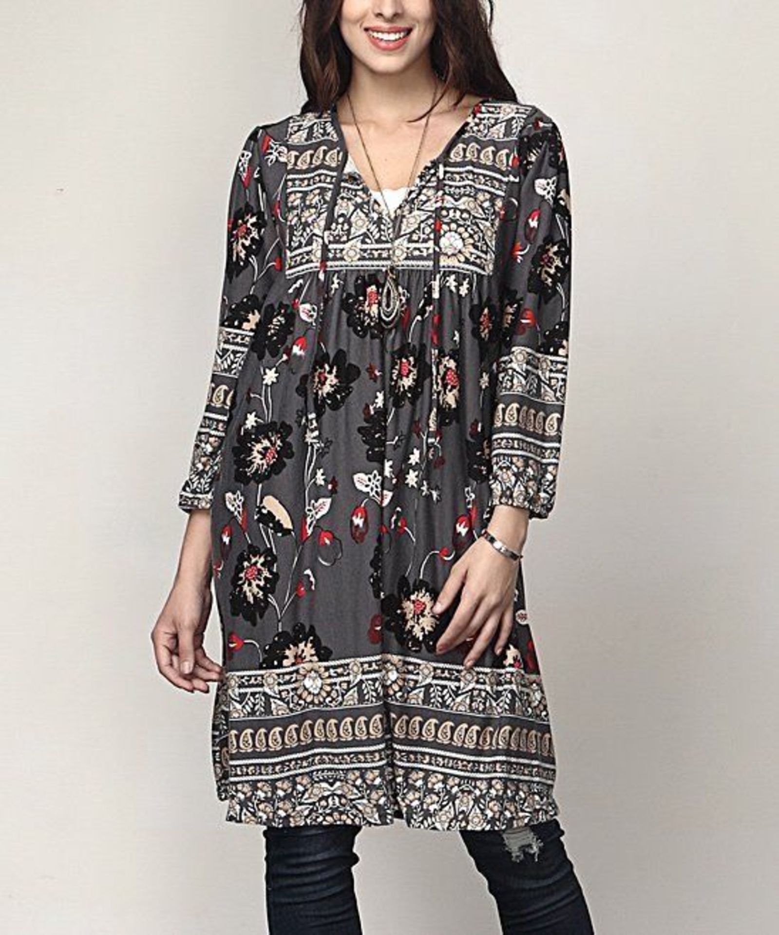 Reborn Collection Gray Floral Tie-Front Tunic Dress, UK Size 26-28 US 22-24 (New with tags) [Ref: - Image 2 of 2