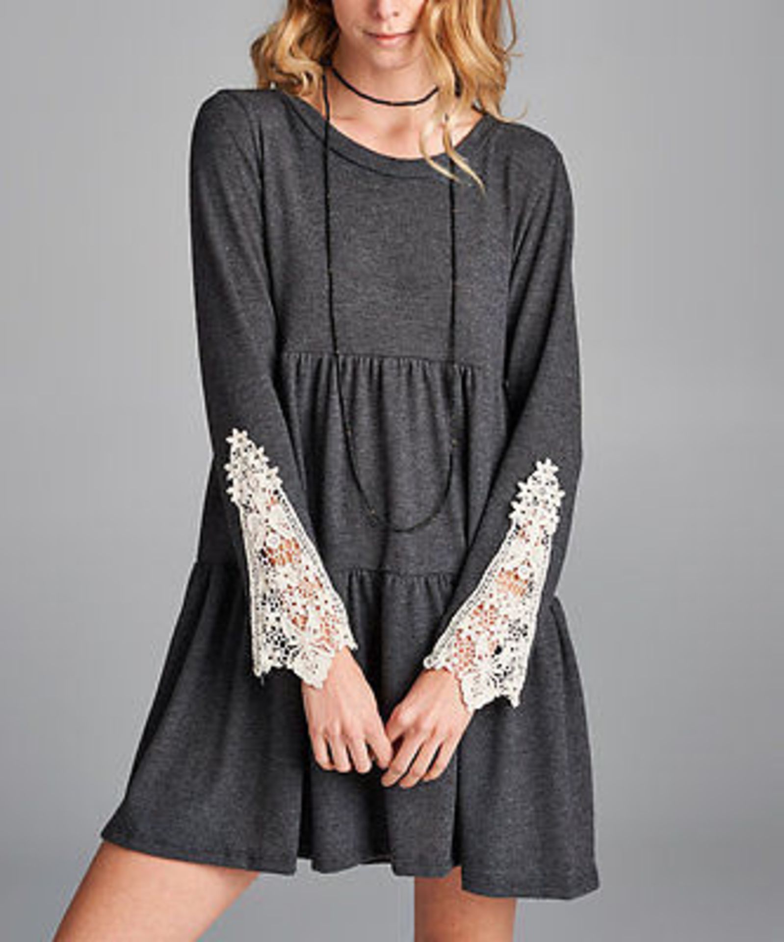 Charcoal Crochet-Sleeve Swing Dress (US S/UK 8/EU 36) (New with tags) [Ref: 44823101- T-4]