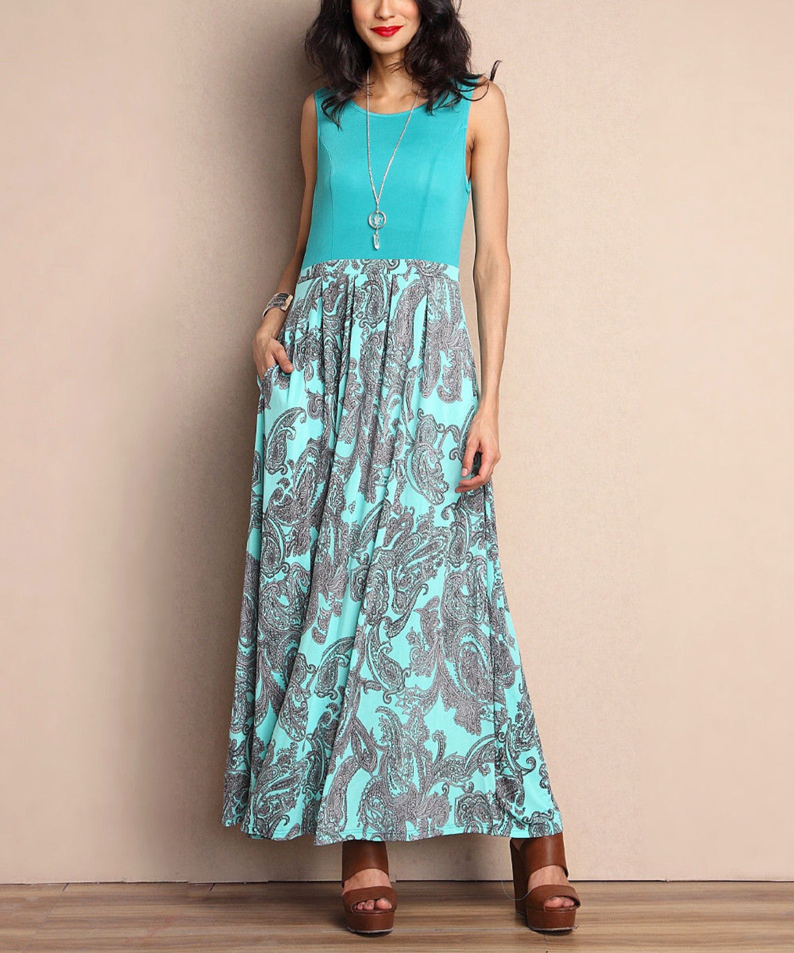 Reborn Collection Aqua Paisley Tank Maxi Dress, UK Size 16-18 US 12-14 (New with tags) [Ref: