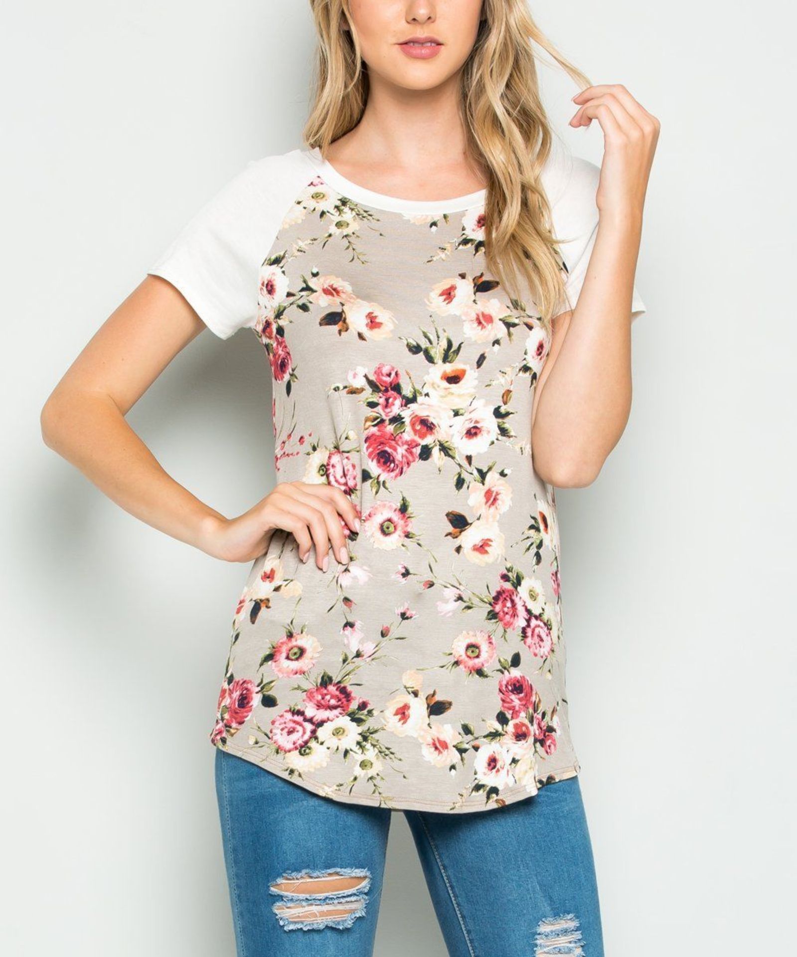 Acting Pro Khaki & White Floral Raglan Tee (Uk Size 12:Us Size 8) (New with tags) [Ref: 47708834- - Image 2 of 3