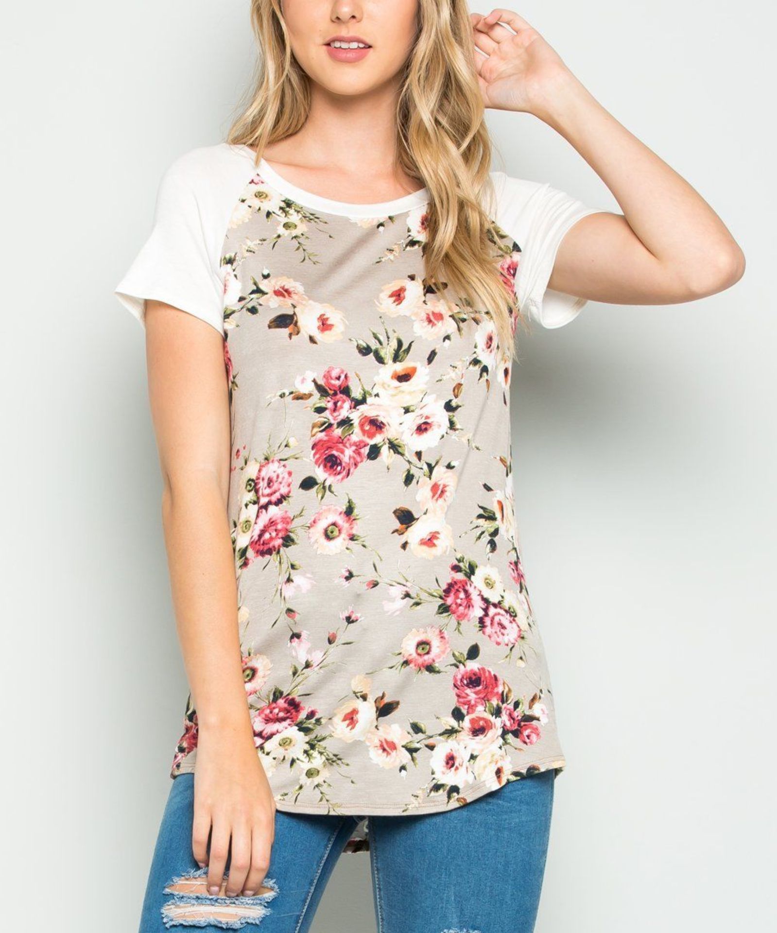 Acting Pro Khaki & White Floral Raglan Tee (Uk Size 12:Us Size 8) (New with tags) [Ref: 47708834-