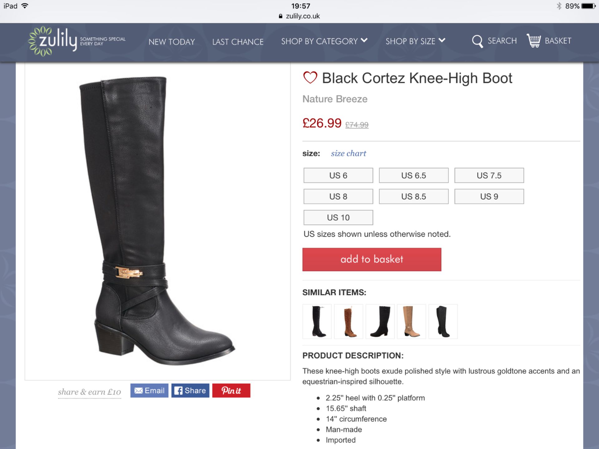 Nature Breeze Black Cortez Knee-High Boot, Size Eur 37.5, RRP £74.99 (New with box) [Ref: - Image 2 of 3