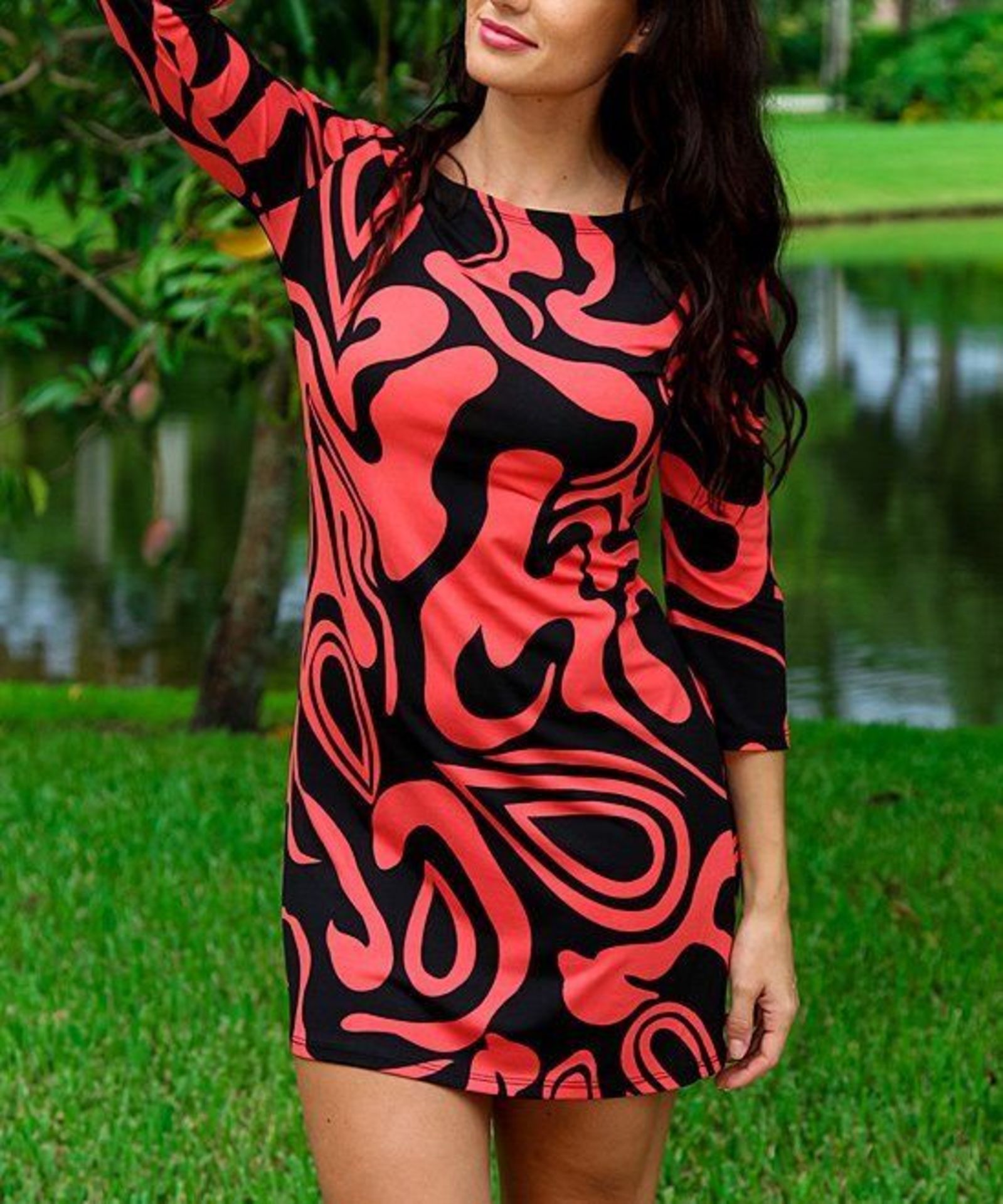 Coral & Black Swirl Three-Quarter Sleeve Shift Dress (Uk Size 8/10:Us Size 4/6) (New with tags) [