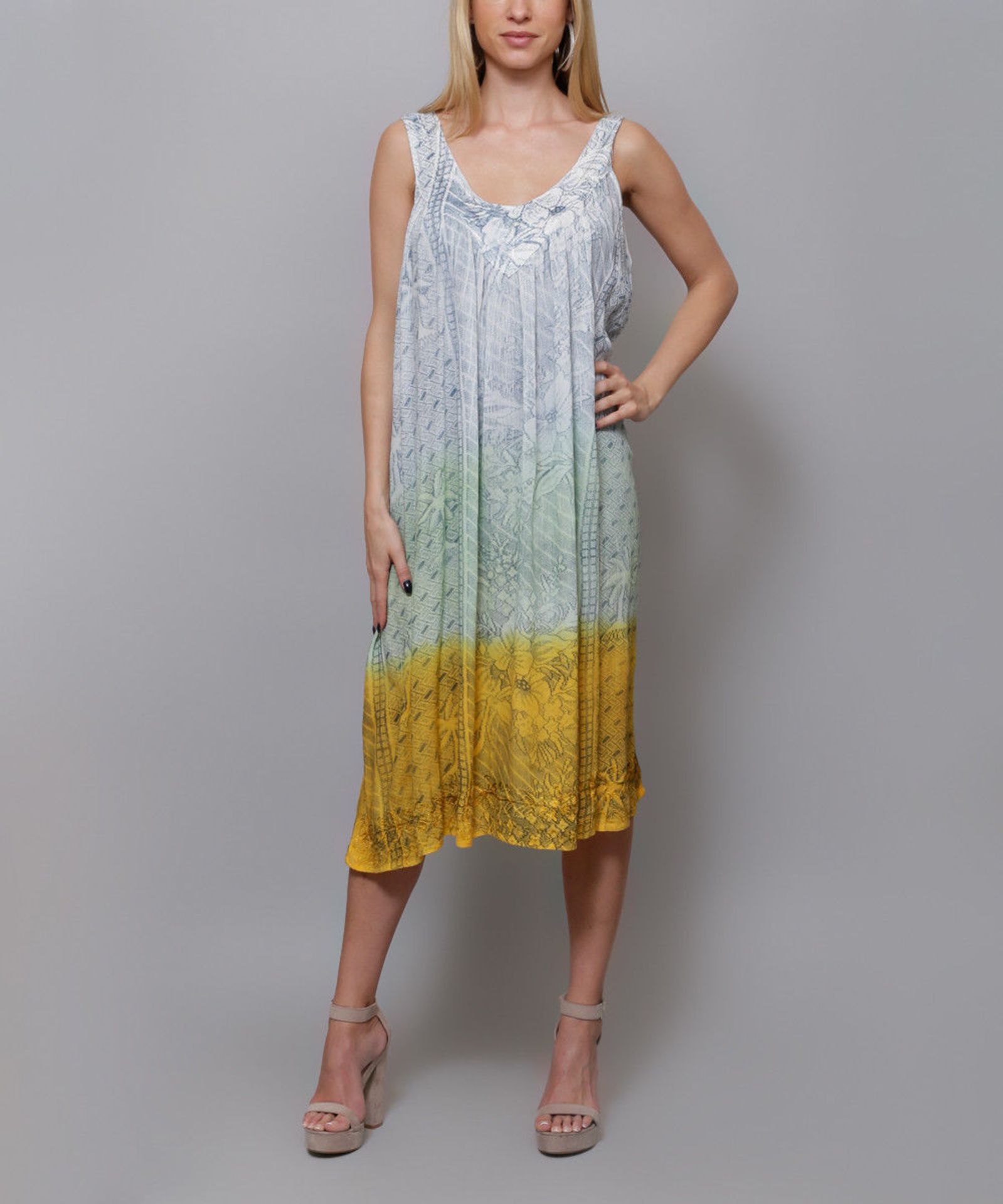 Highness NYC Yellow & Mint Embroidered Sleeveless Swing Dress (One Size) (New with tags) [Ref: