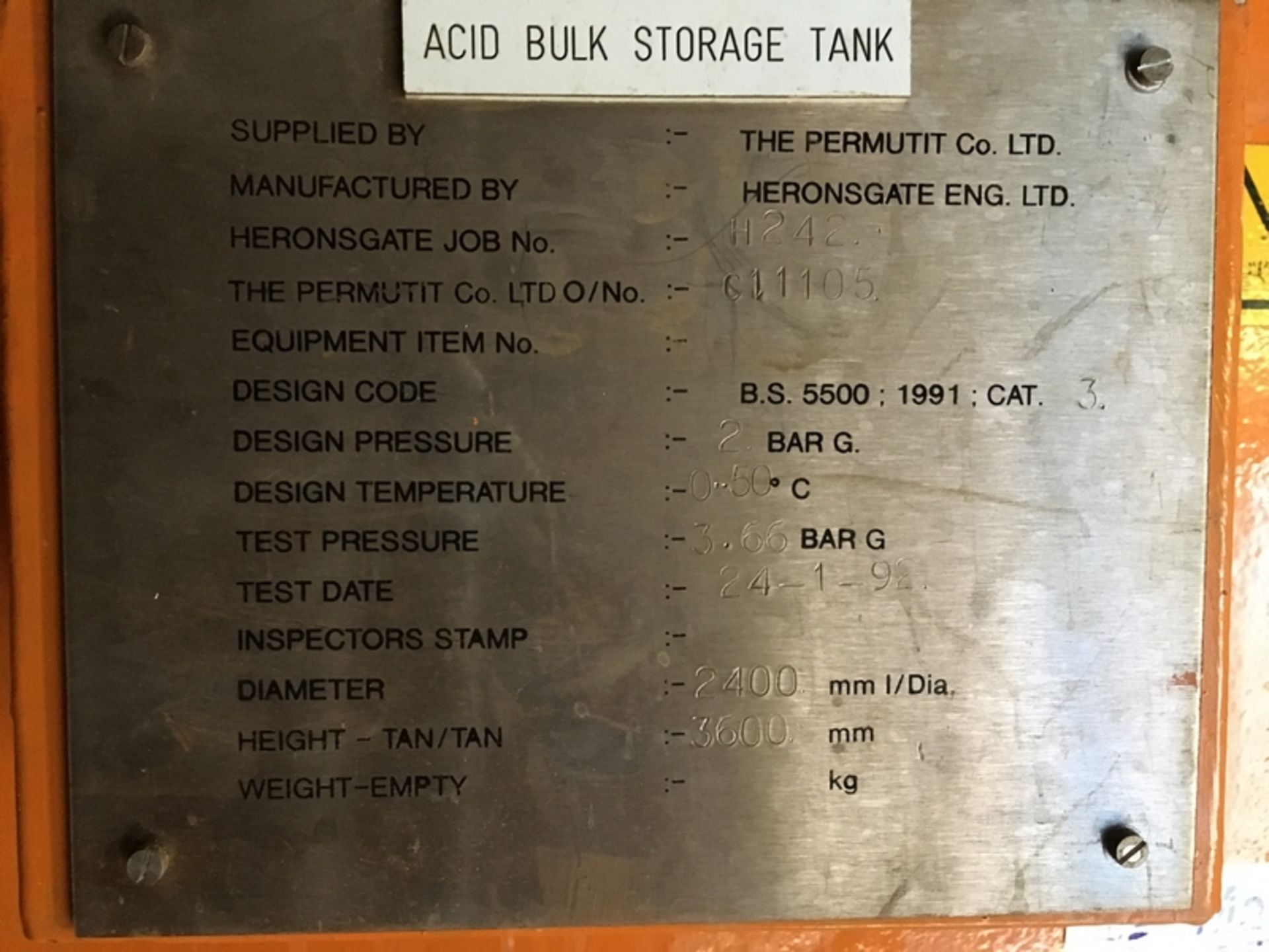 WTP Sulphuric Acid Storage Tank - Image 3 of 3